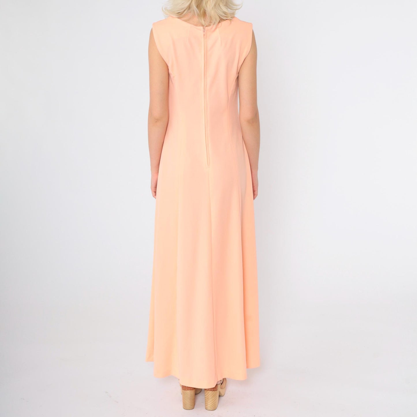 70s Peach Maxi Dress Sleeveless Princess Seam A-Line Disco Gown Small