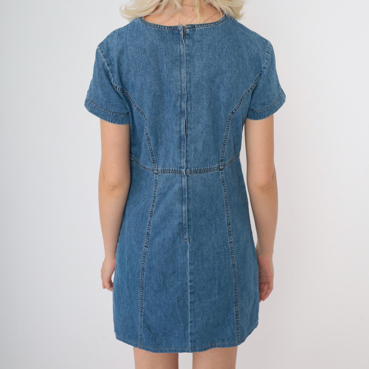 90s Laura Ashley Blue Denim Mini Dress Empire Waist V Neck Small 6