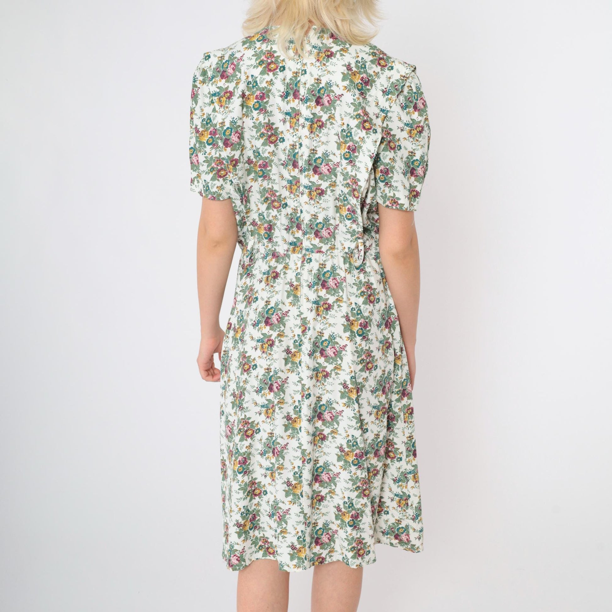 80s S.L. Petites Floral Midi Dress Deep V Puff Sleeve White Multicolor Small