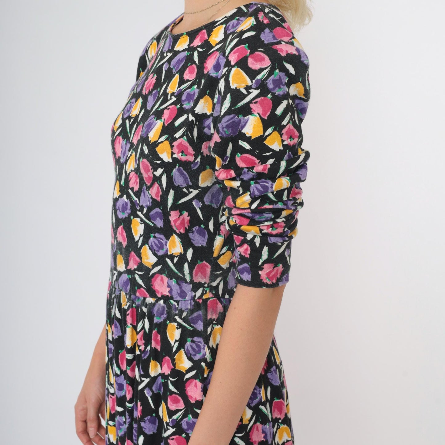 80s Black Floral Drop Waist Midi Dress Pink Yellow Purple 3/4 Sleeve Medium