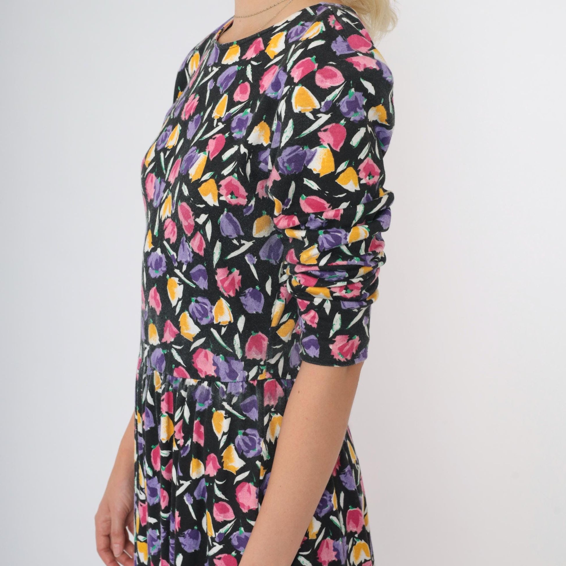 80s Black Floral Drop Waist Midi Dress Pink Yellow Purple 3/4 Sleeve Medium