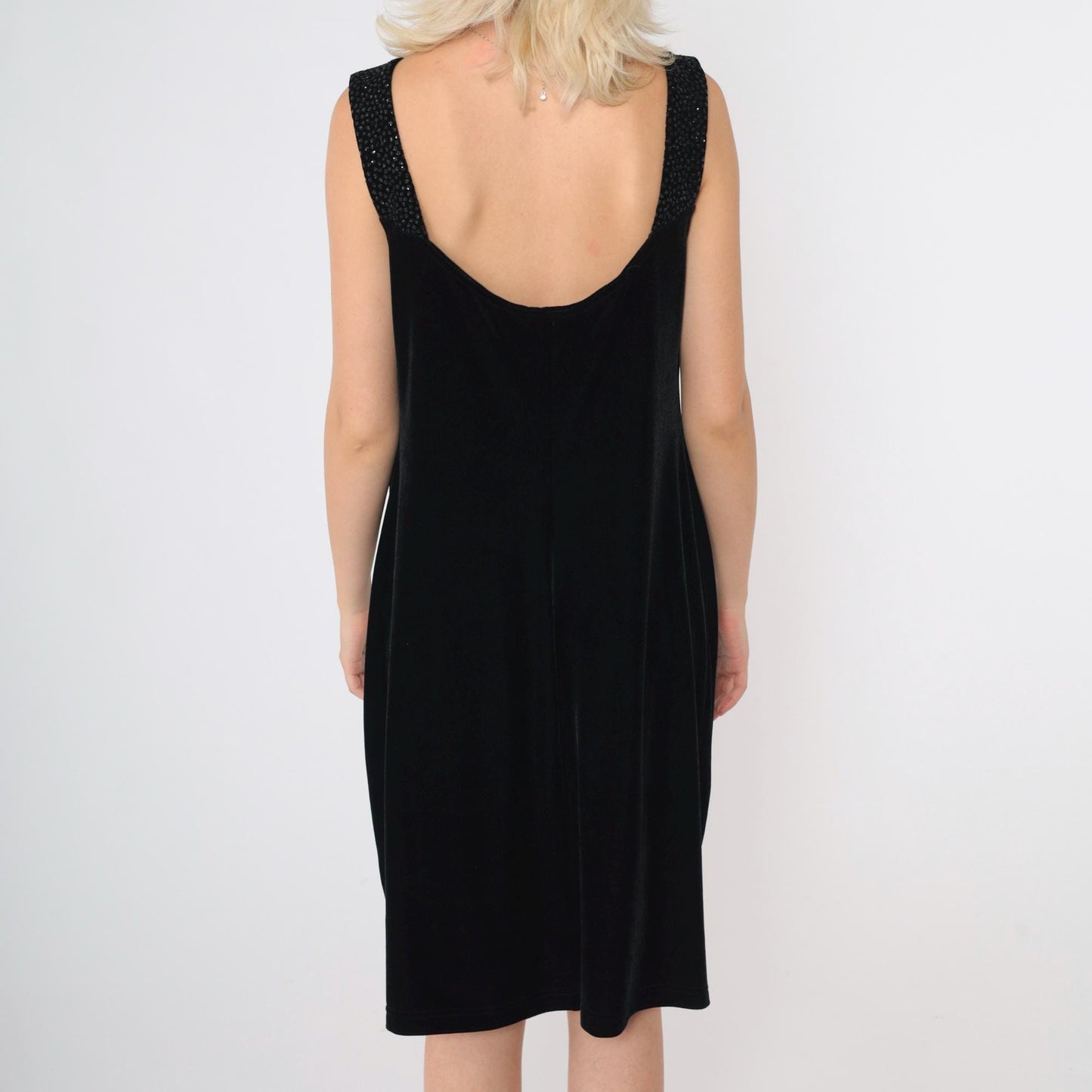 90s Robbie Bee Black Velvet Shift Dress Glitter Open Back Knee Length Large