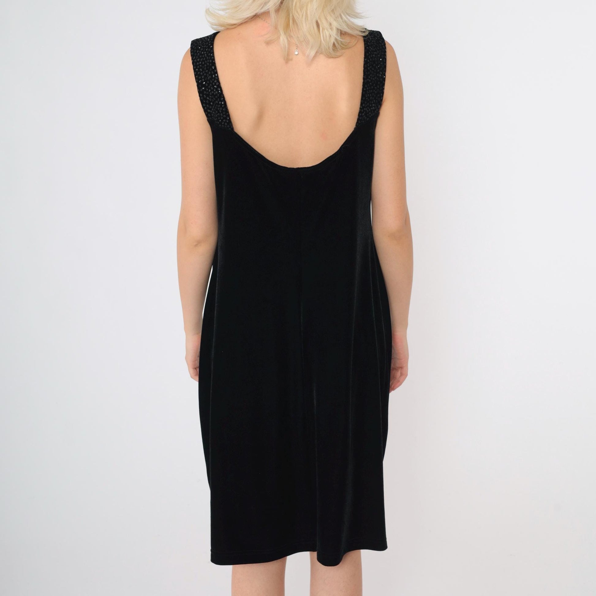 90s Robbie Bee Black Velvet Shift Dress Glitter Open Back Knee Length Large