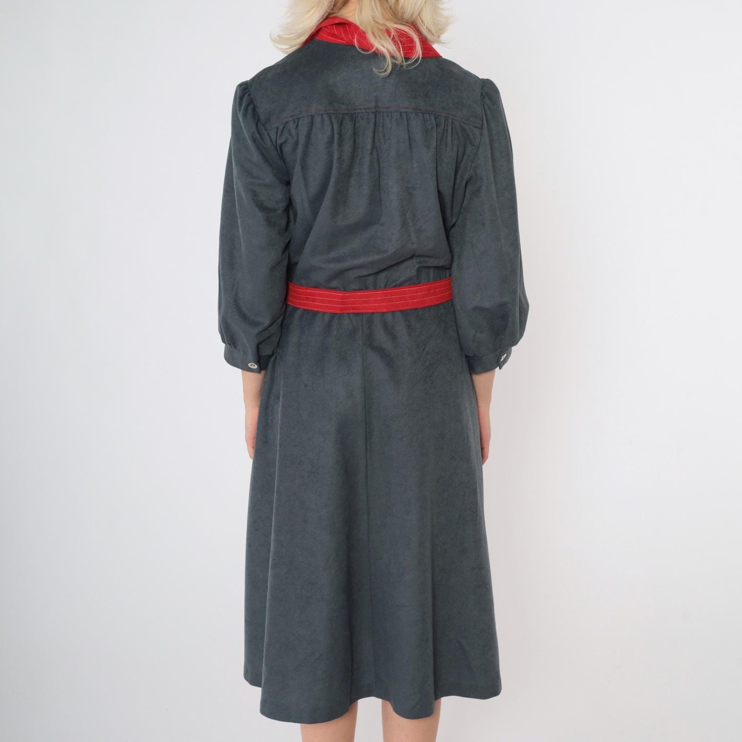 80s Velour Shirtdress Grey Red Contrast Puff Sleeve Midi Belted Medium
