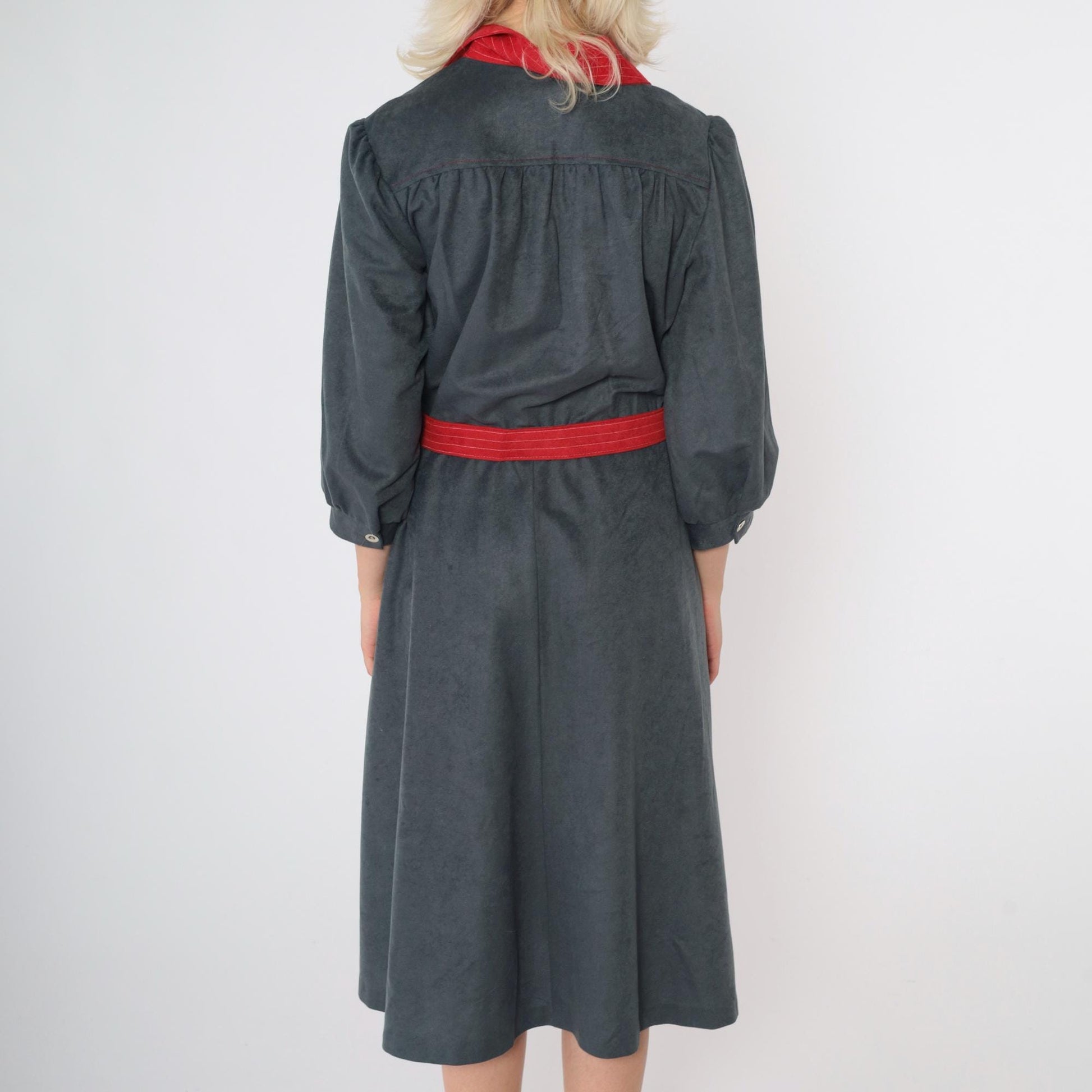 80s Velour Shirtdress Grey Red Contrast Puff Sleeve Midi Belted Medium