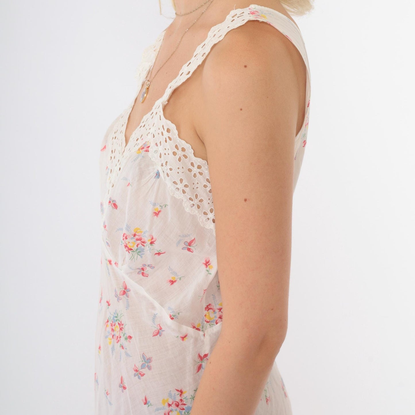70s Floral Butterfly Slip Dress White Eyelet Lace Mini V-Neck Medium