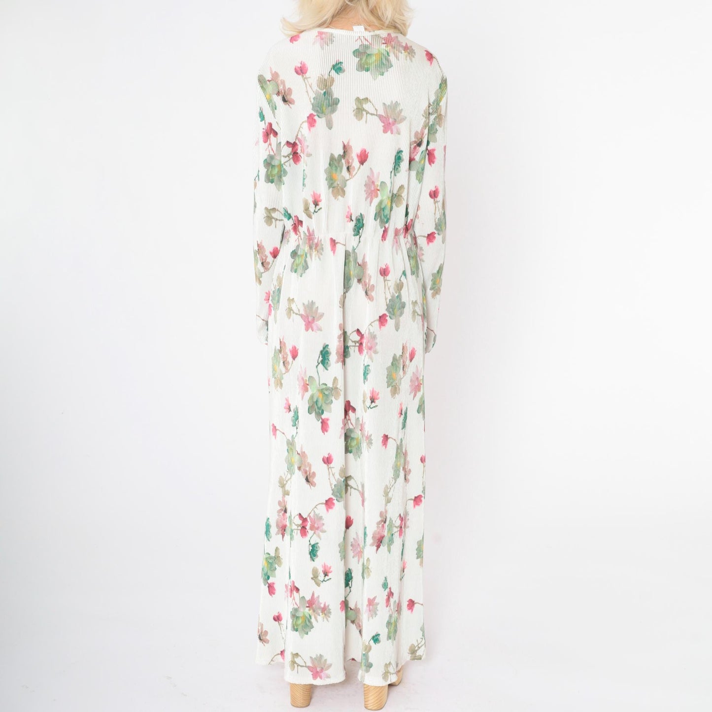 90s White Floral Maxi Dress High Elastic Waist Long Sleeve Ribbed Large L