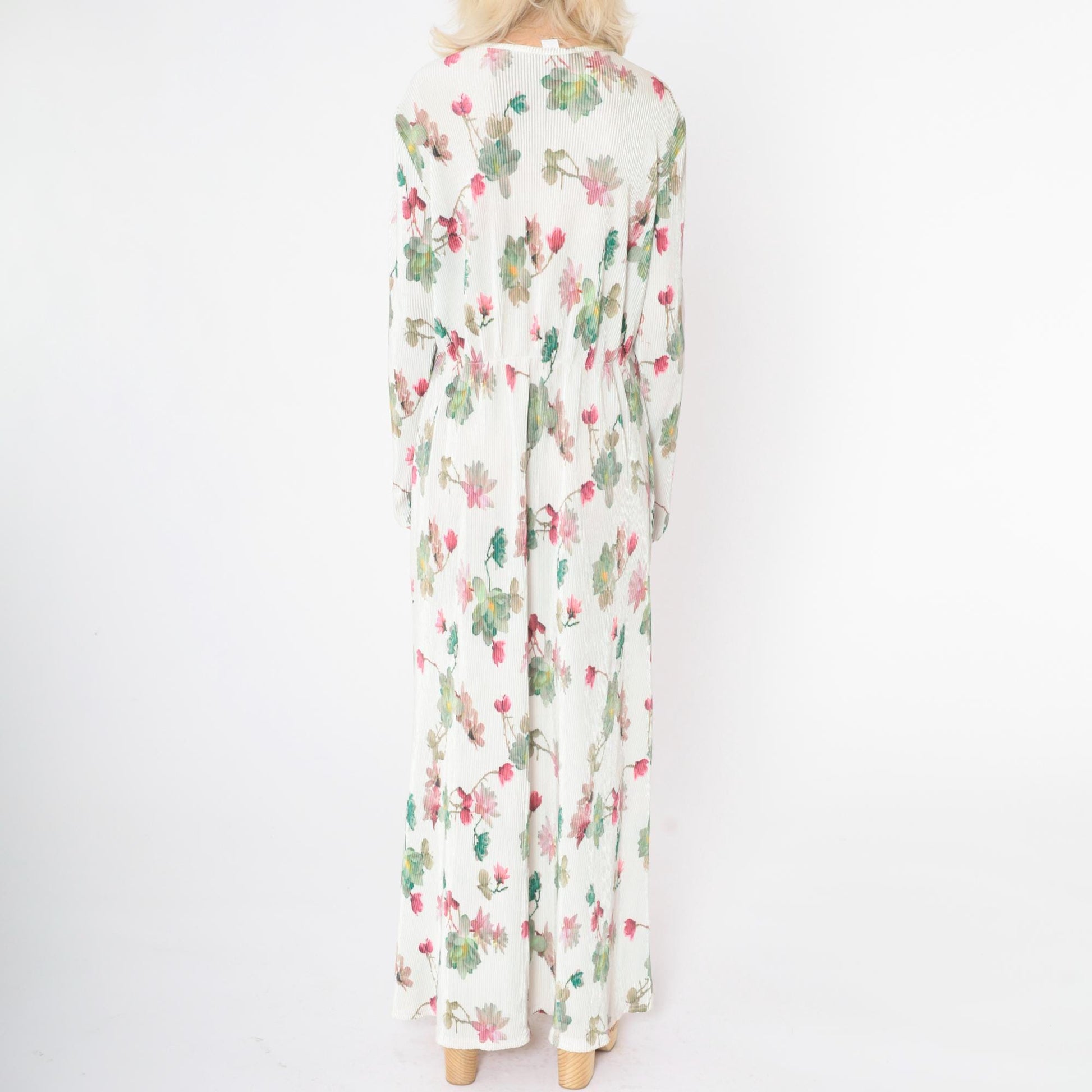 90s White Floral Maxi Dress High Elastic Waist Long Sleeve Ribbed Large L