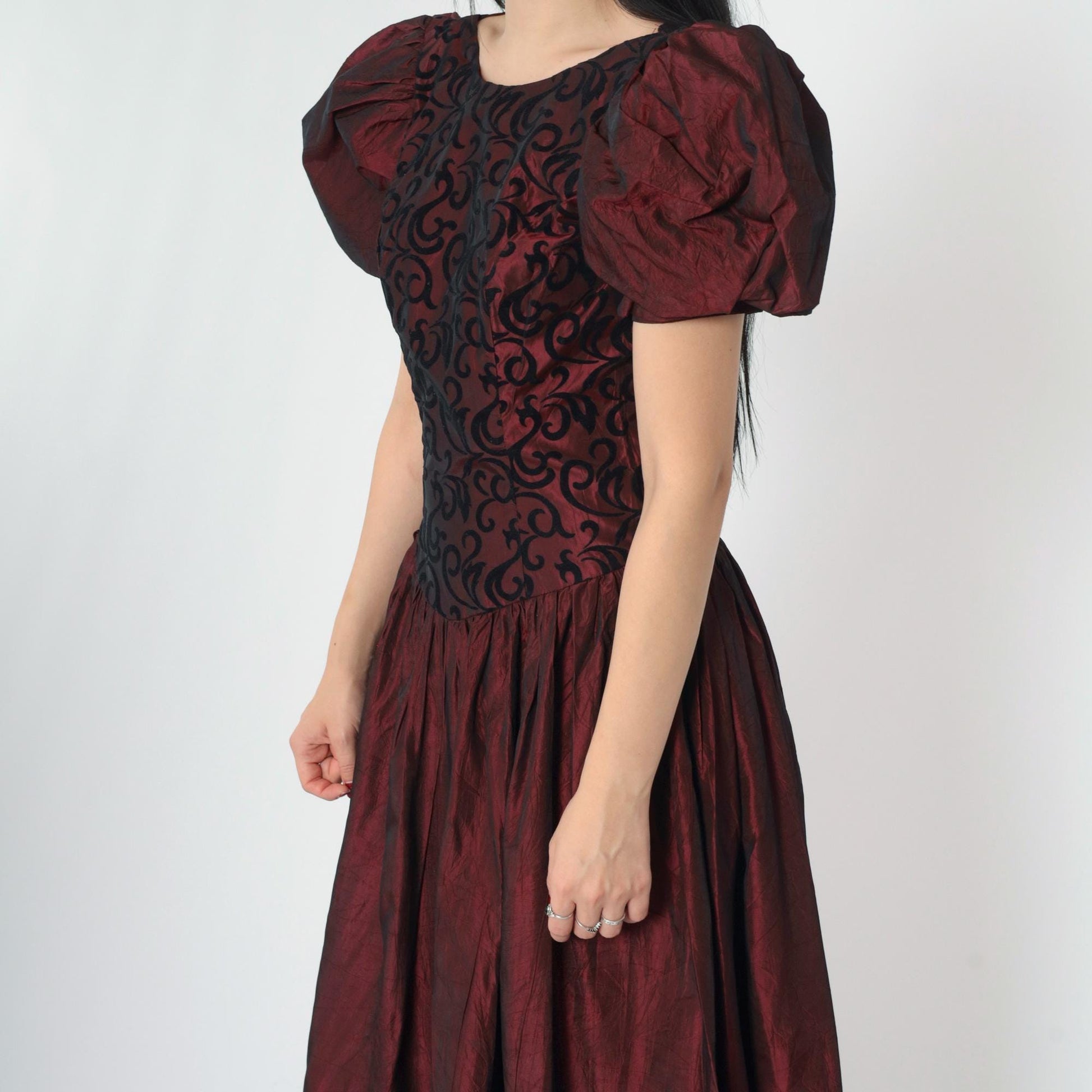 80s Burgundy Taffeta Prom Dress Puff Sleeve Basque Waist Maxi Small