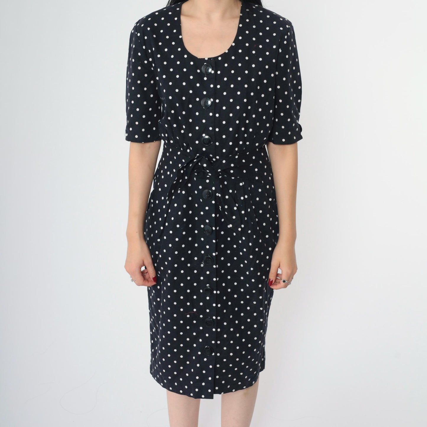 90s Black Polka Dot Midi Dress Button-Up Cotton High Waist Medium
