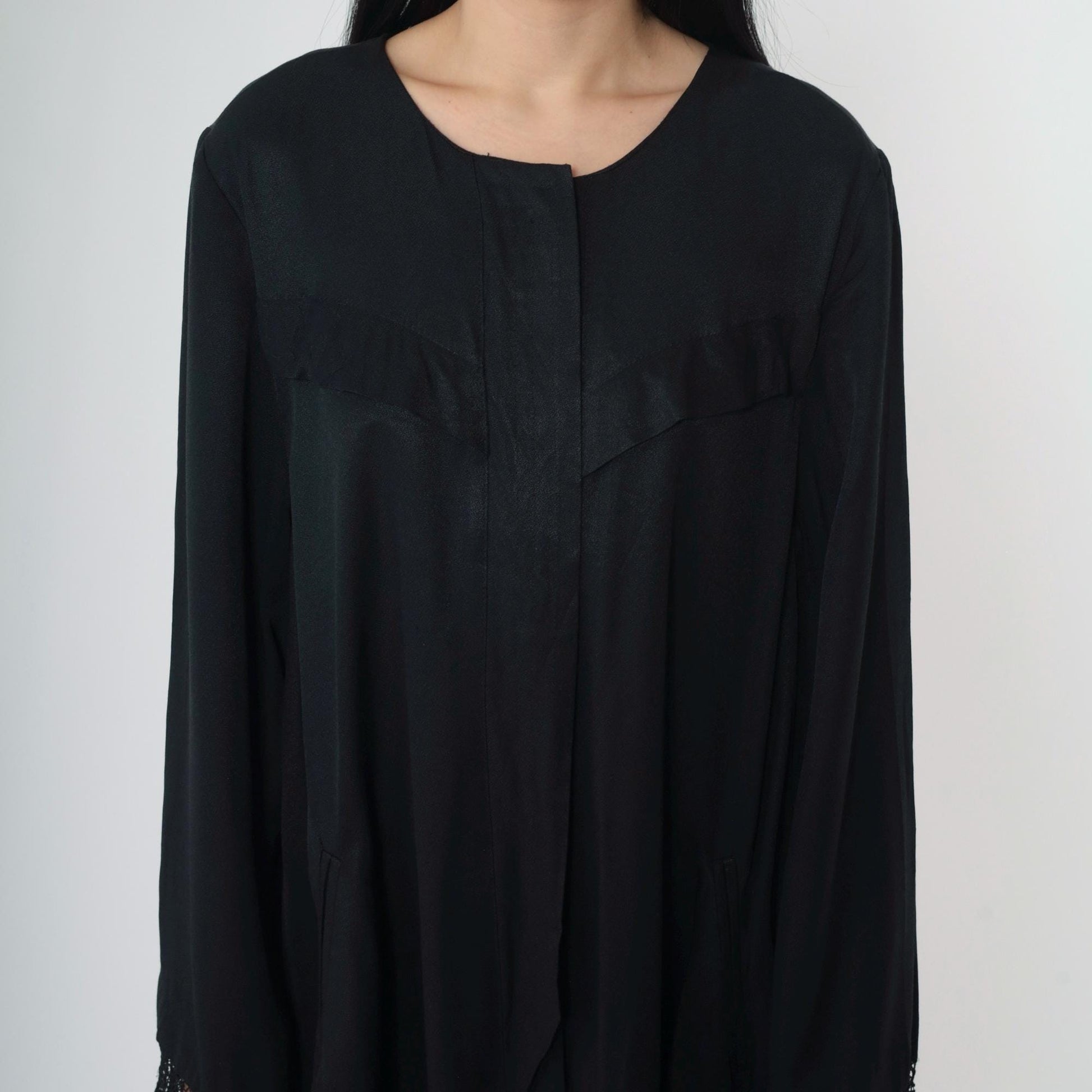 90s Black Lace Trim Button-Up Midi Dress Western Yoke Long Sleeve Extra Large XXL