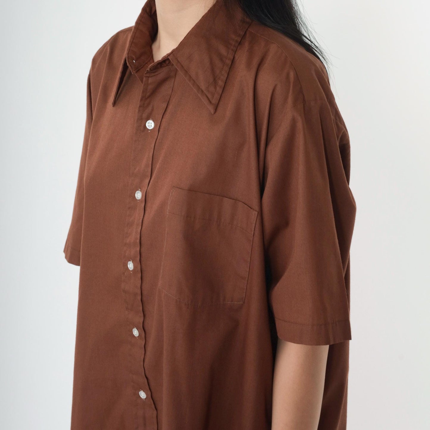 70s Brown Cotton Button-Up Shirt Short Sleeve Collared Men's Large