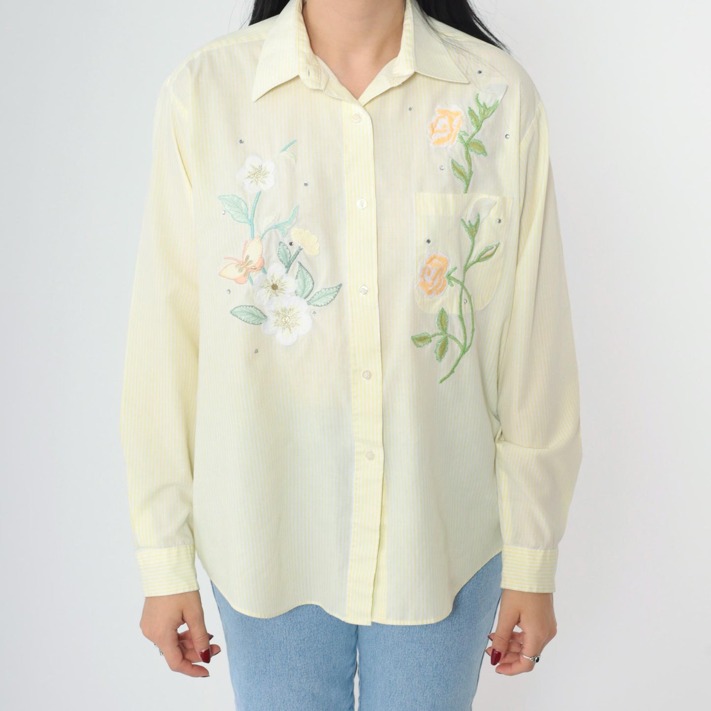 90s Apache Yellow Striped Floral Embroidered Rhinestone Button Up Blouse Medium