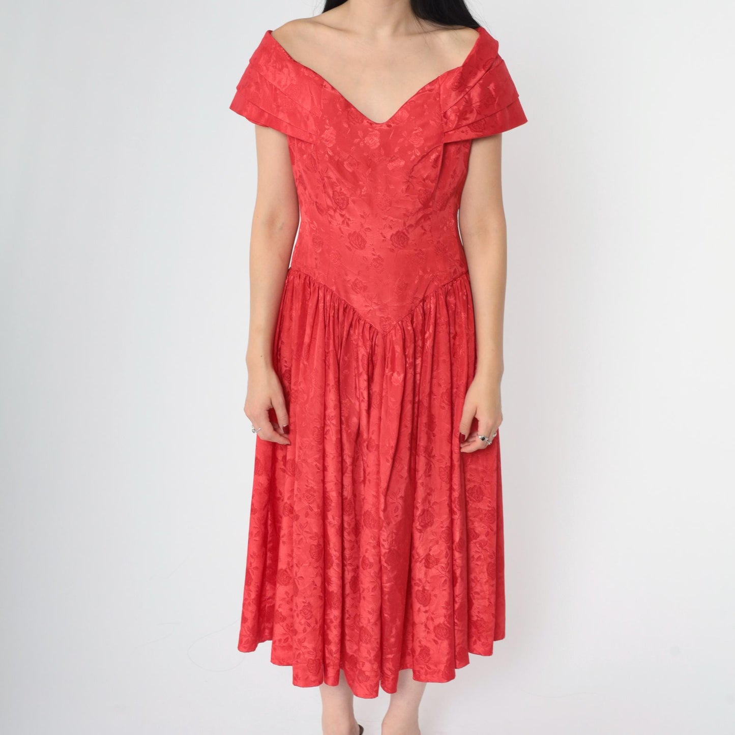 80s Red Floral Jacquard Midi Dress Off-Shoulder Pleated Collar Medium