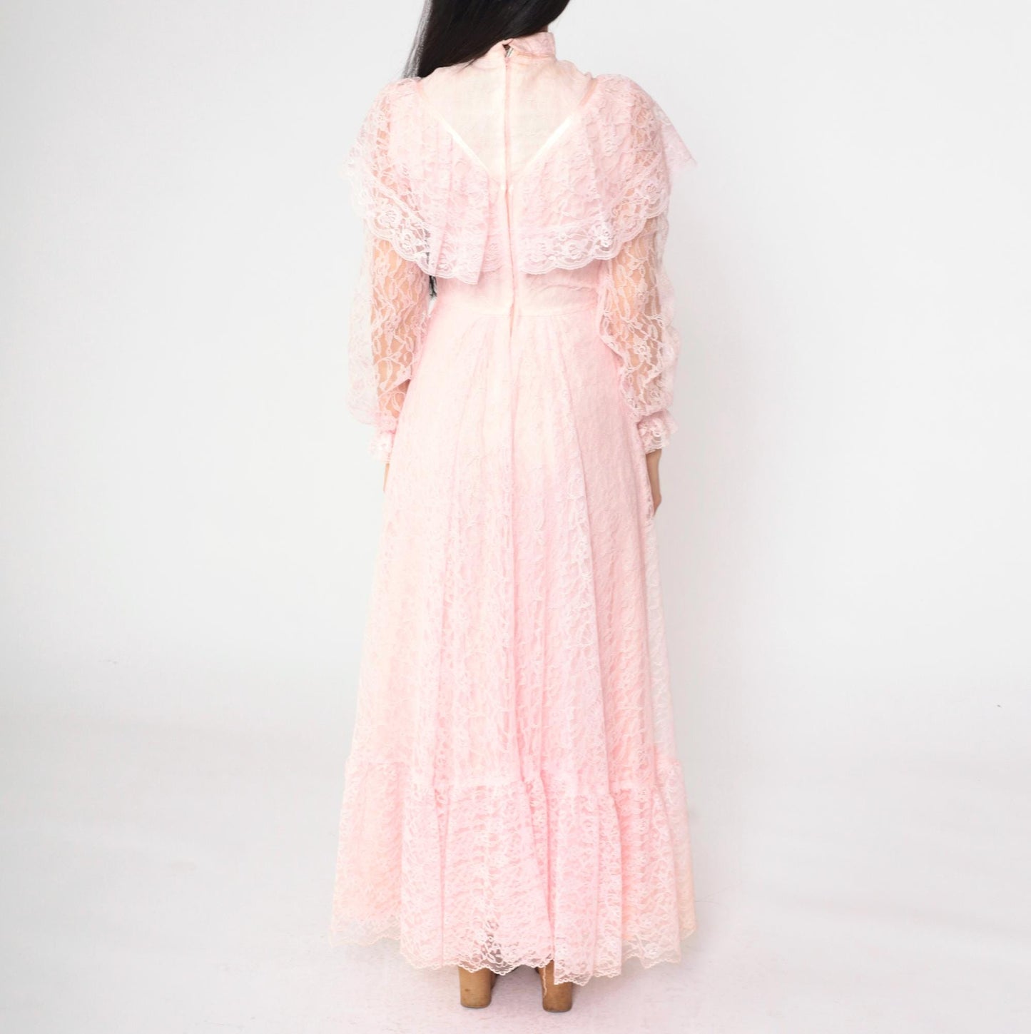 70s Pink Lace Maxi Gown High Neck Sheer Yoke Capelet Tiered Skirt Extra Small