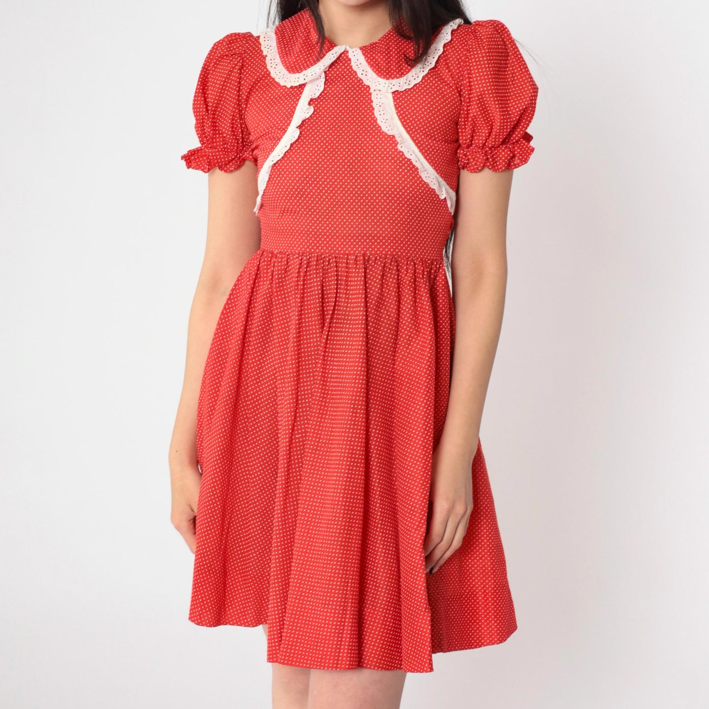 1970s Red Polka Dot Mini Dress Peter Pan Collar Puff Sleeve XXS