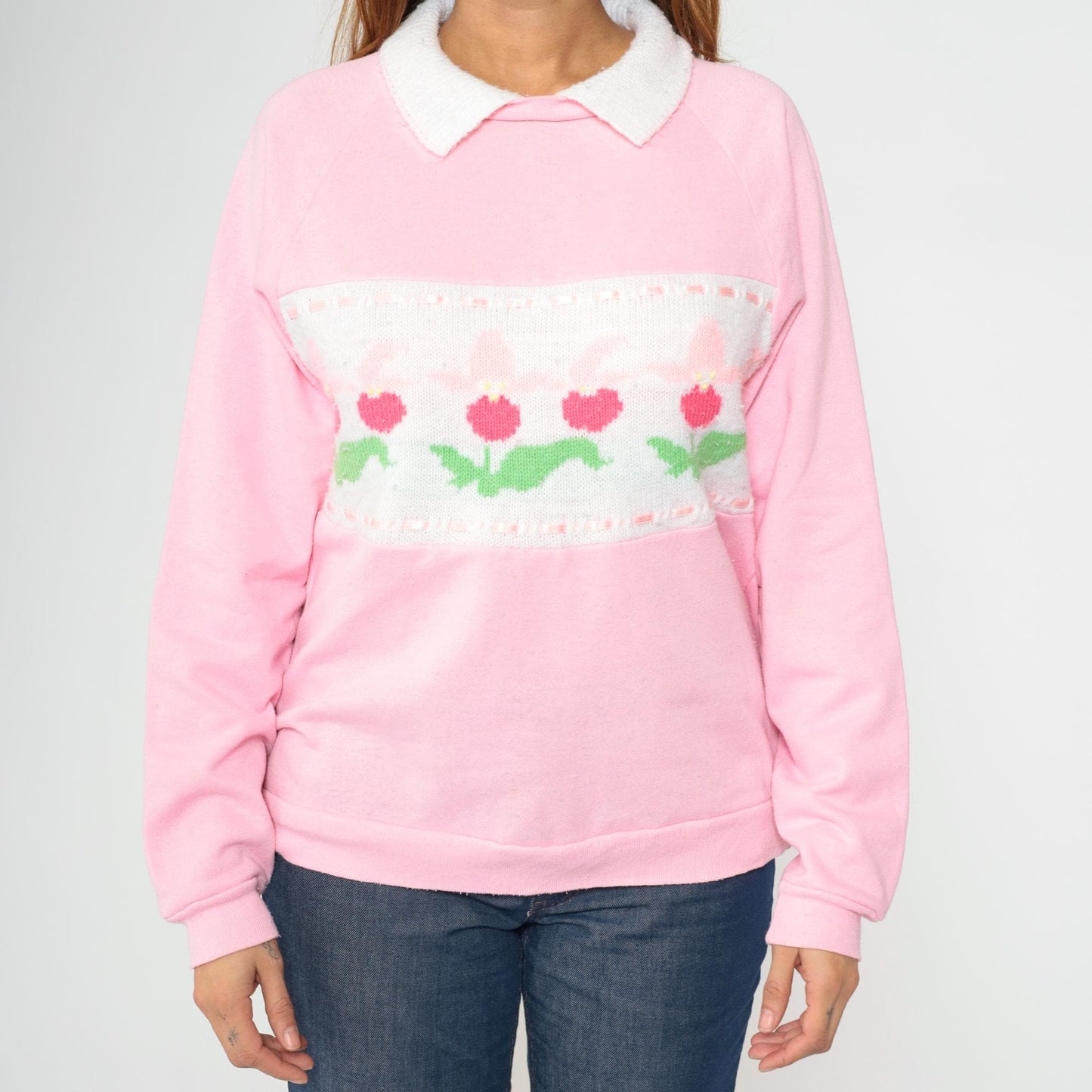 90s Pink Floral Knit Sweatshirt White Collar Raglan Pullover Medium
