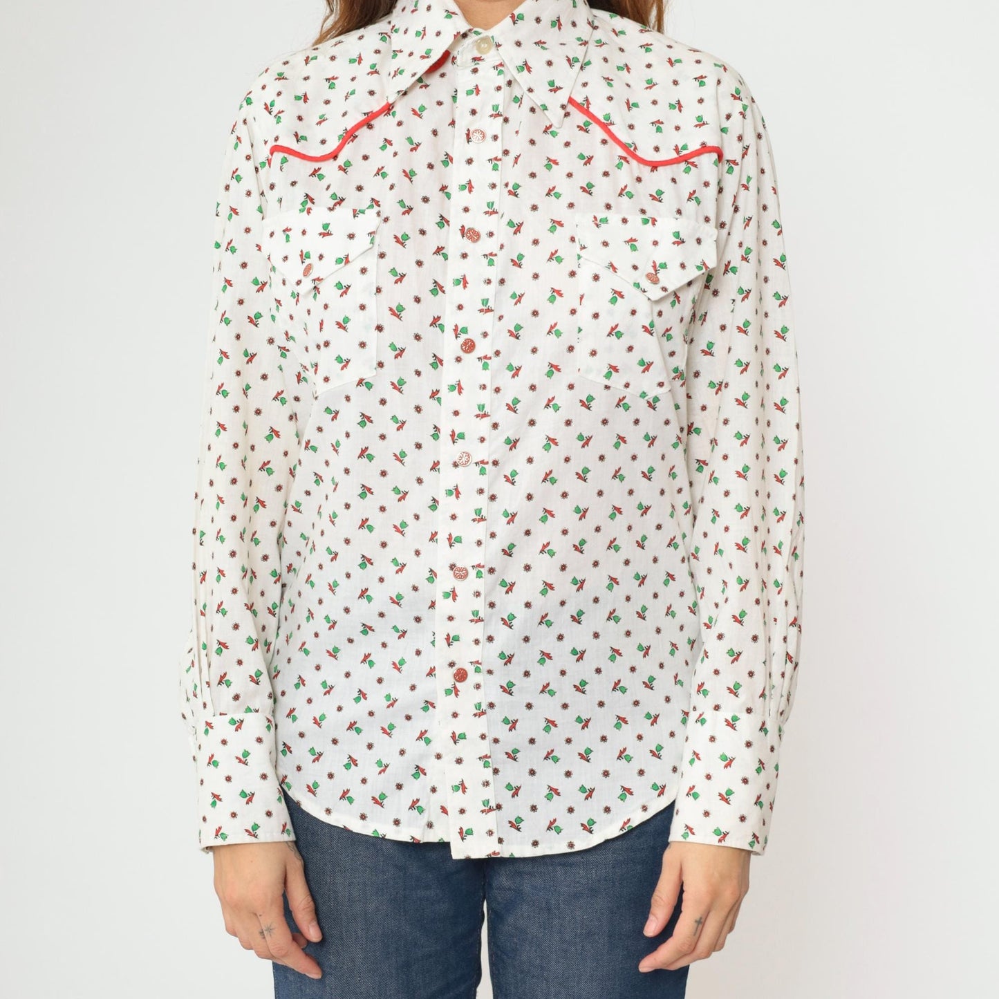 70s Floral Western Shirt White Green Red Piping Button Up Men's Medium