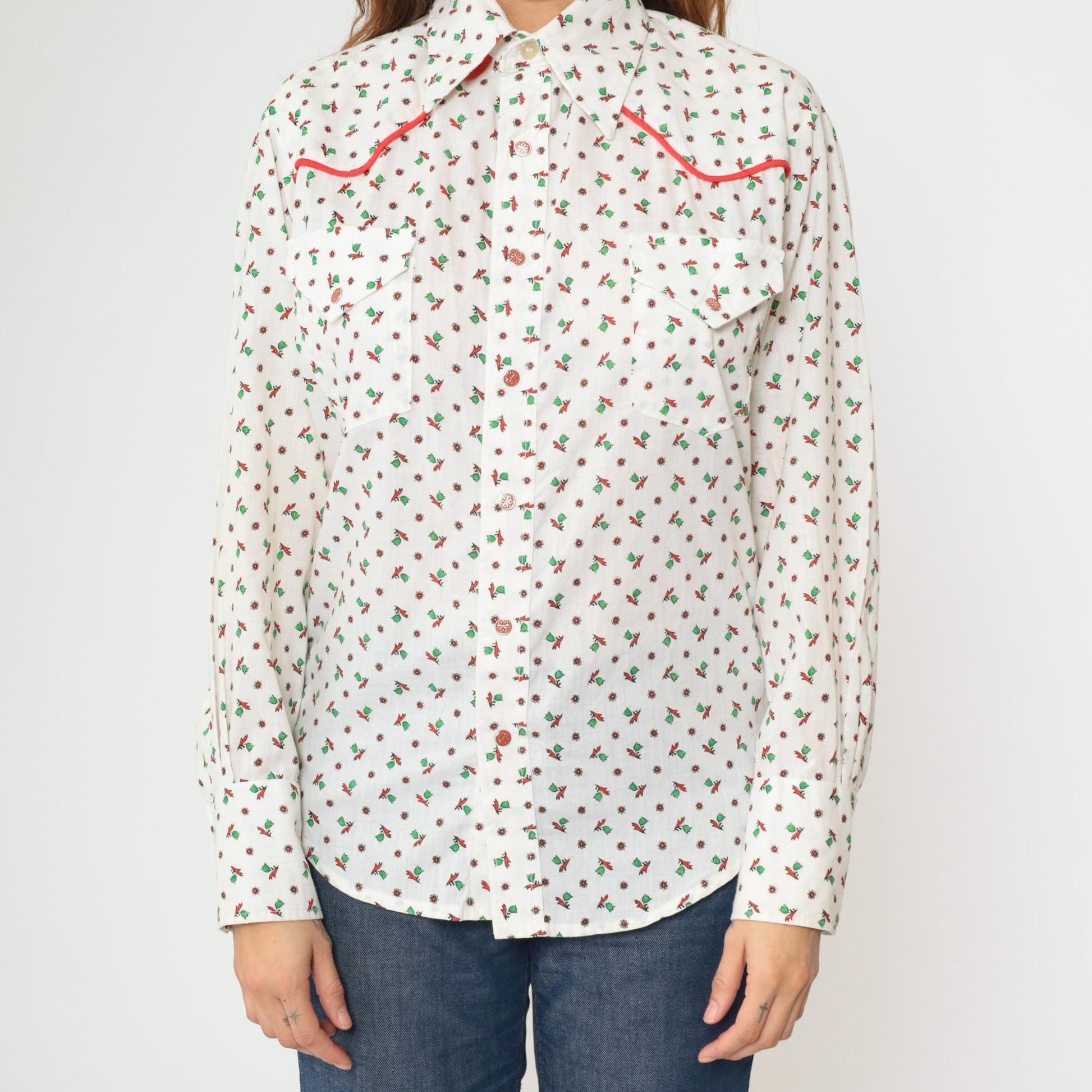 70s Floral Western Shirt White Green Red Piping Button Up Men's Medium