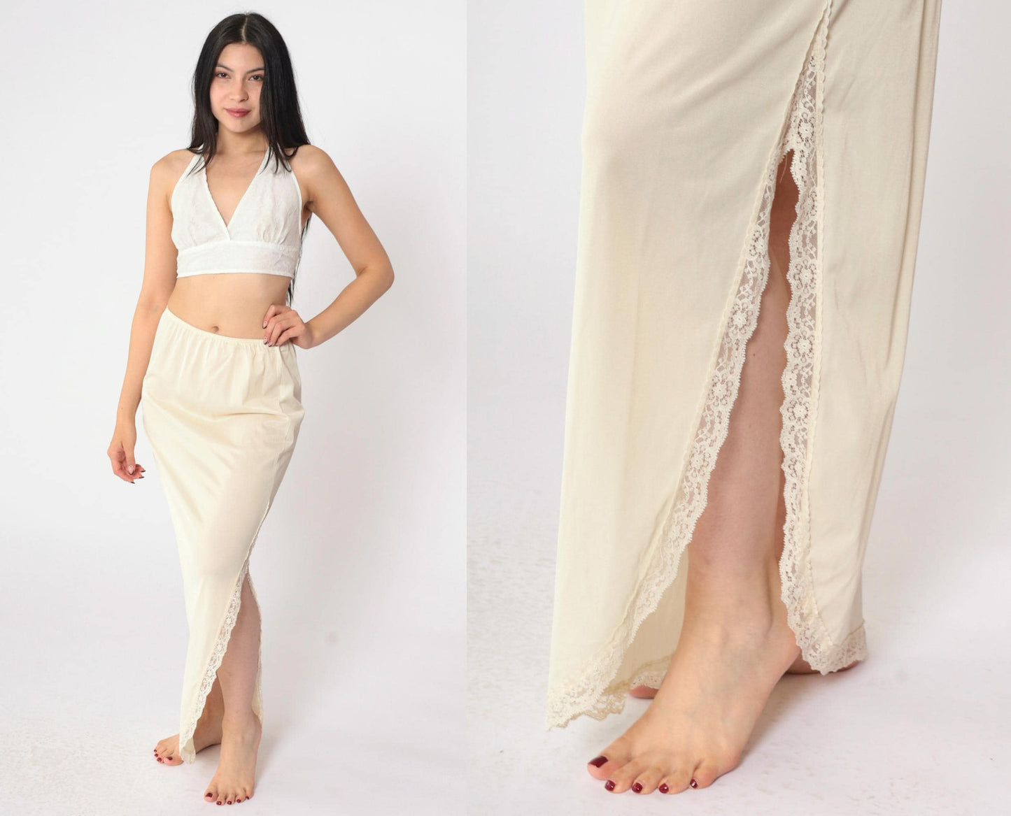 80s Cream Nylon Maxi Slip Skirt Lace Trim Side Slit Small S