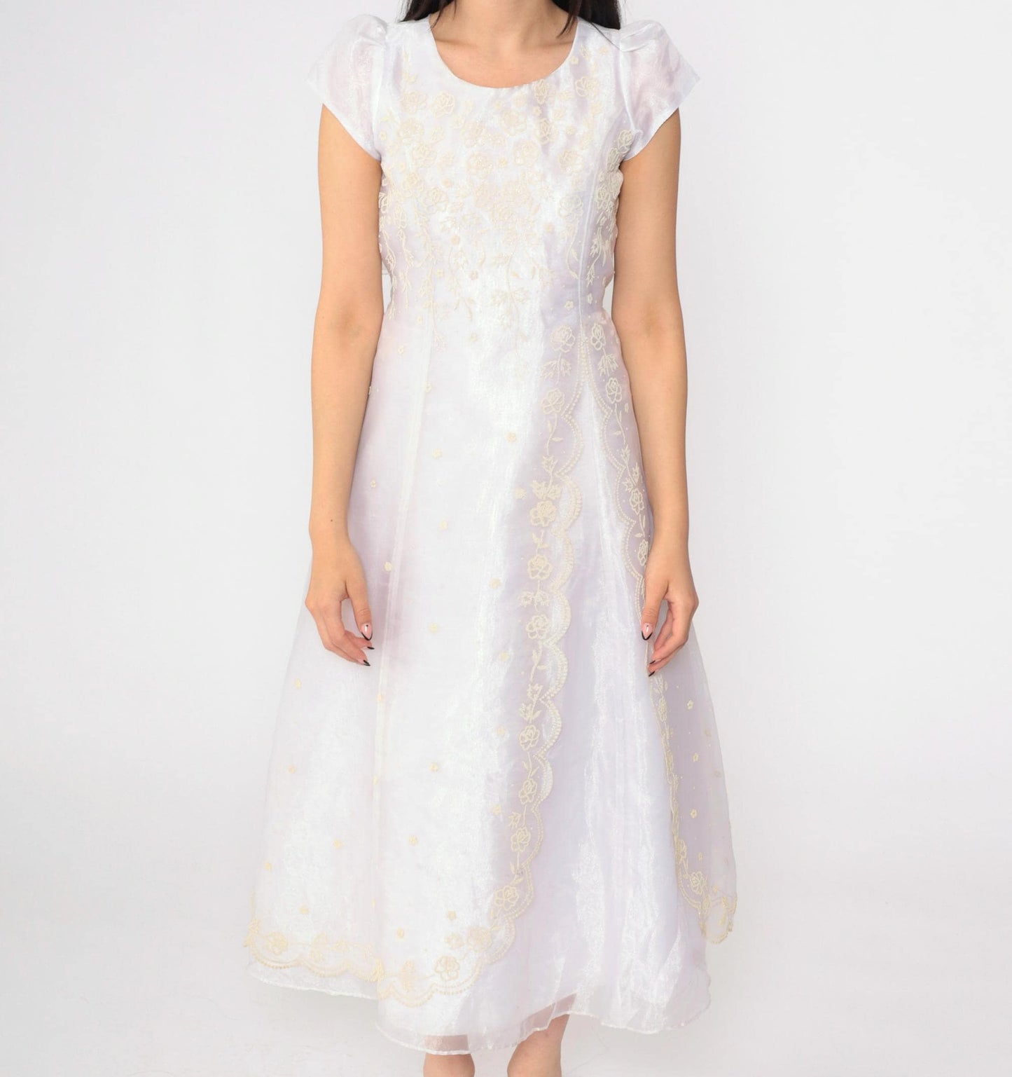 90s White Organza Midi Dress Iridescent Floral Appliqué Puff Sleeve Extra Small