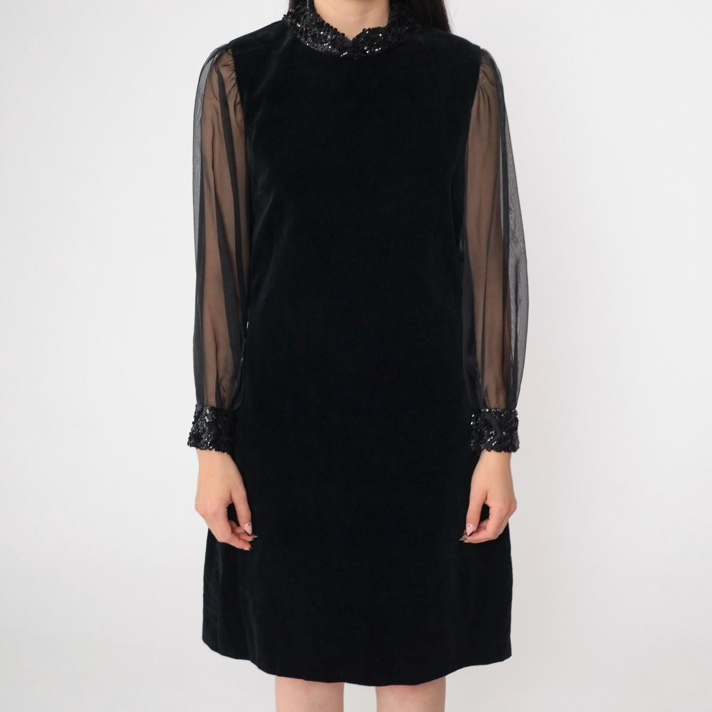 60s Bobbie Brooks Black Velvet Mini Dress Sequin Chiffon Sleeve Small