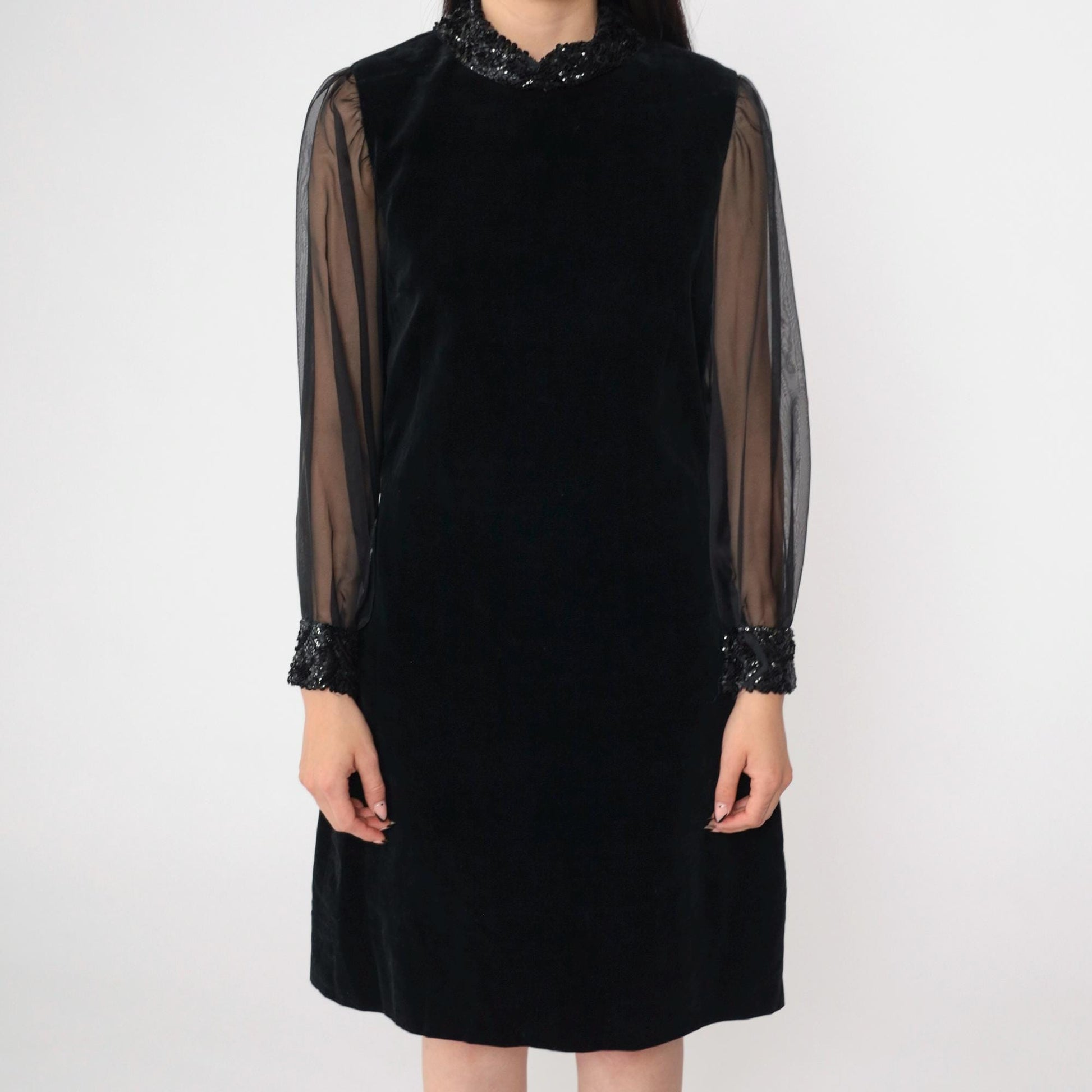60s Bobbie Brooks Black Velvet Mini Dress Sequin Chiffon Sleeve Small