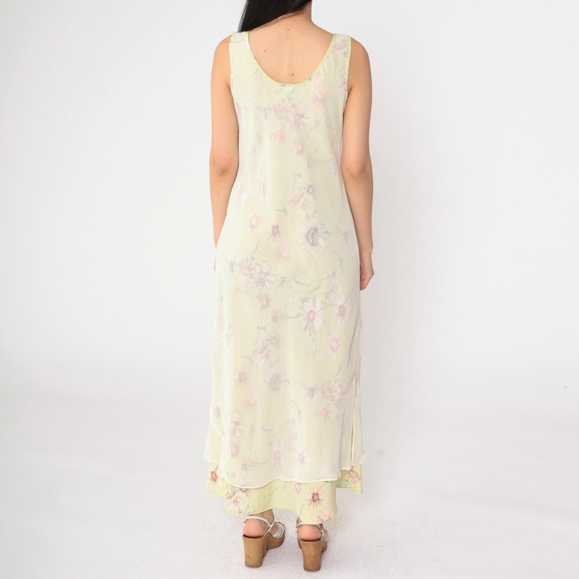 90s Green Floral Chiffon Midi Dress Sleeveless White Overlay Medium M