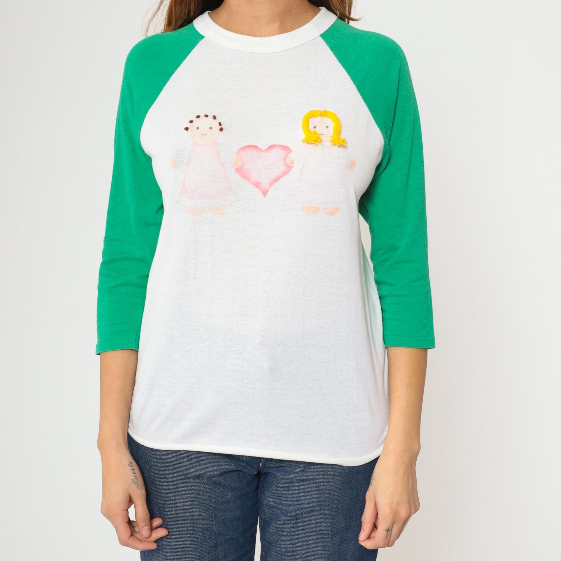 80s Raglan Baseball Tee White Green Doll Heart Graphic Small