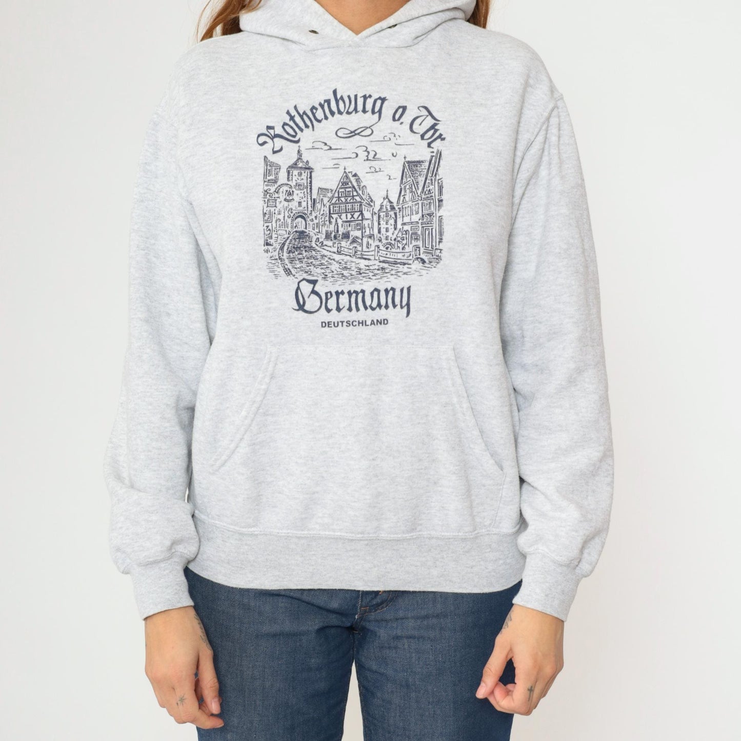 00s Rothenburg ob der Tauber Germany Hoodie Sweatshirt Grey Graphic Small