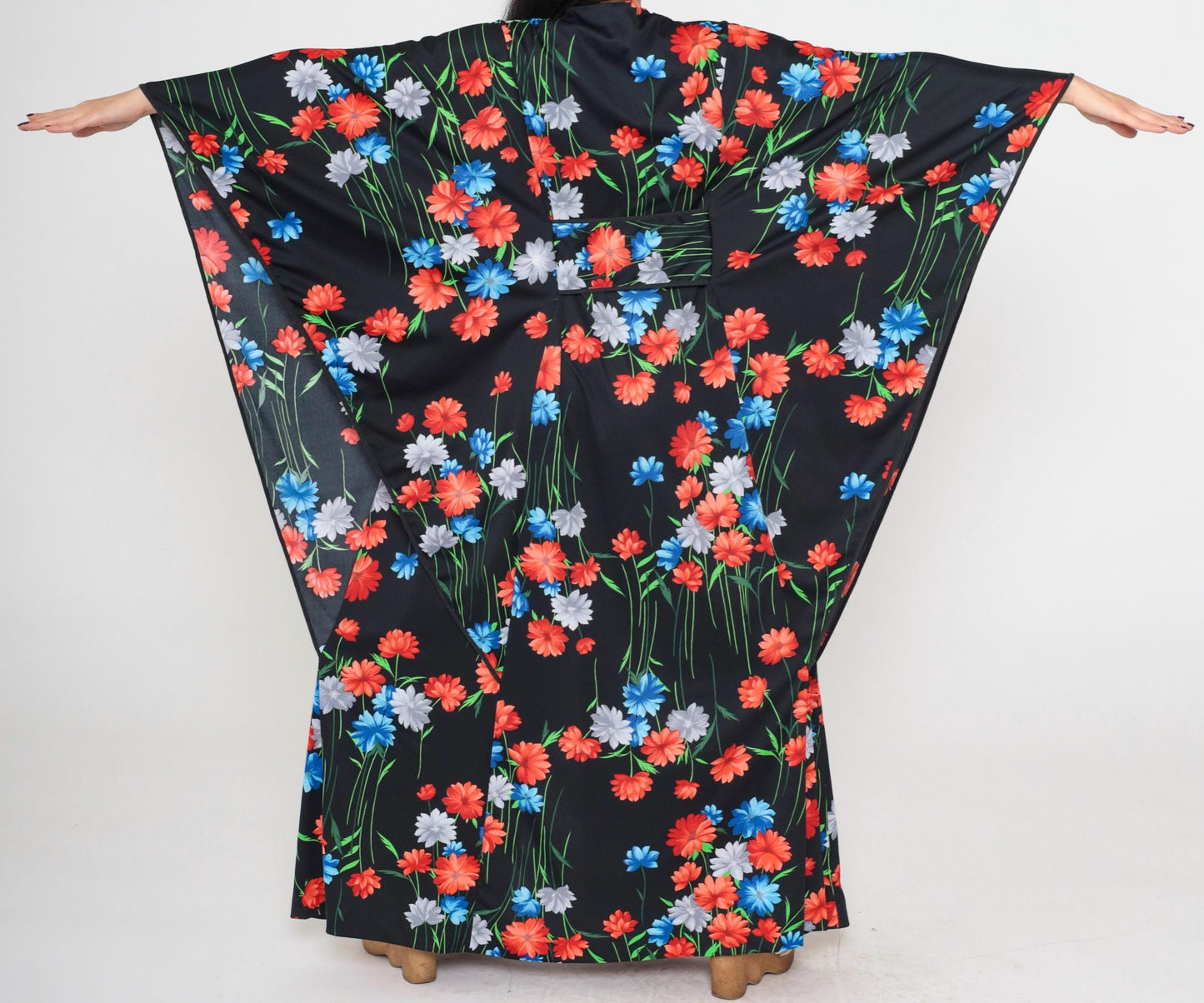 70s Black Floral Maxi Dress Kimono Sleeve Button Front Slit One Size