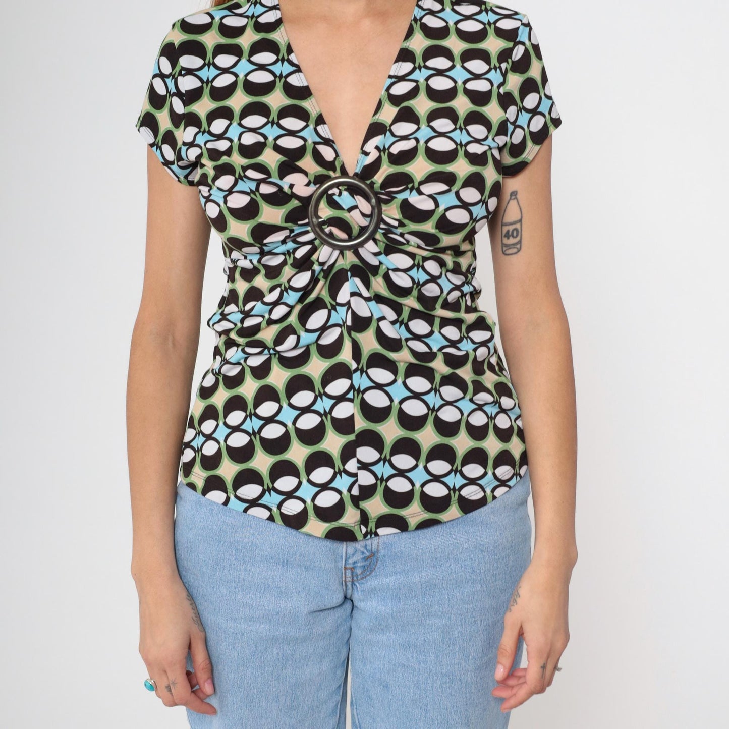 Y2K Geometric Print Top Green Black Blue O-Ring V-Neck Short Sleeve Small