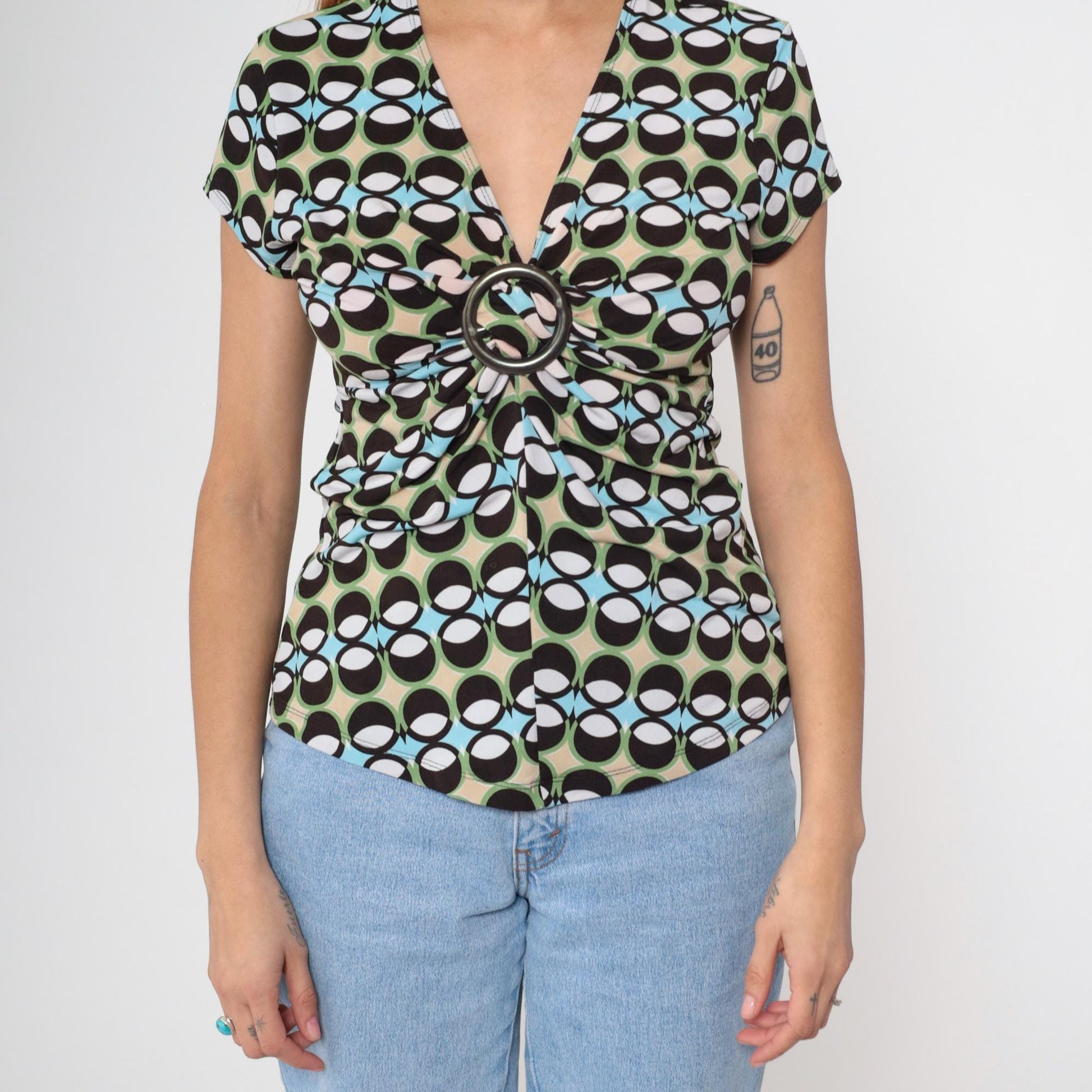 Y2K Geometric Print Top Green Black Blue O-Ring V-Neck Short Sleeve Small