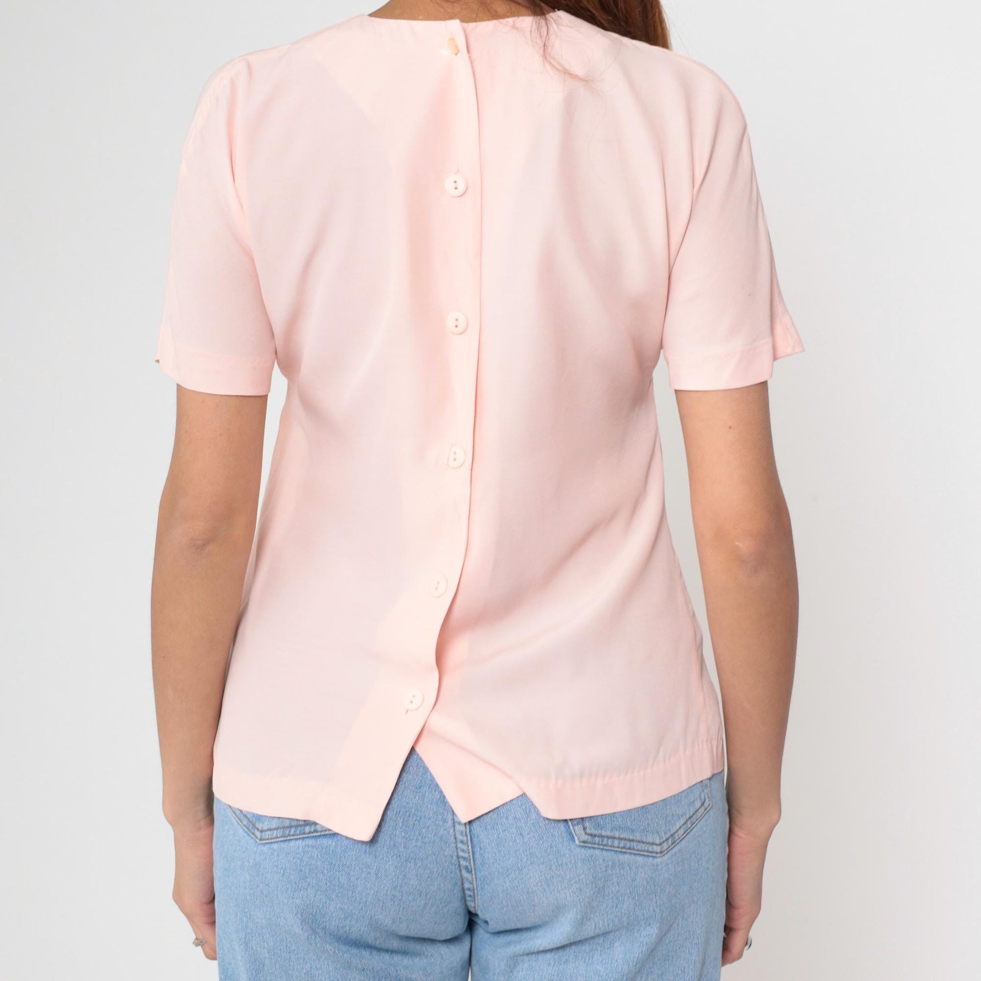 80s Nicole Blake Petites Blush Pink Embroidered Diamond Blouse Short Sleeve Small S