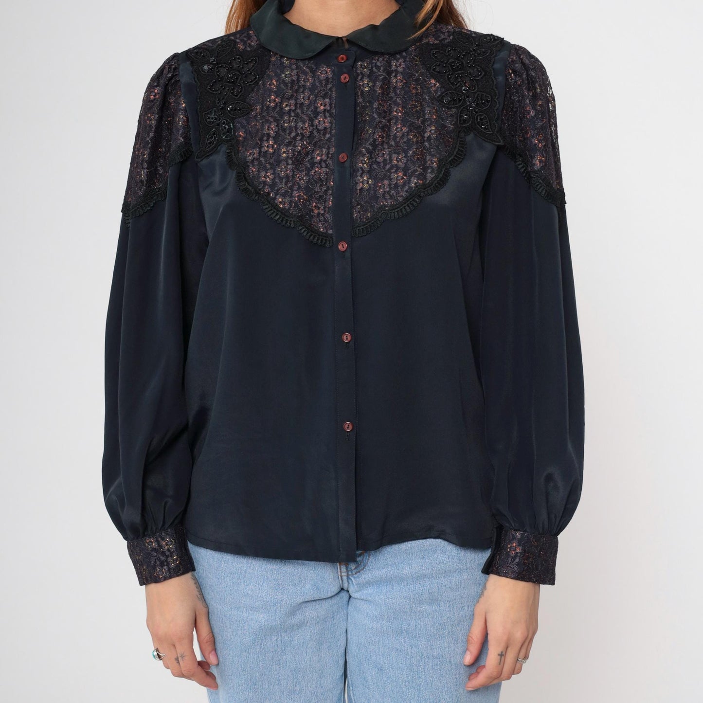 80s Black Satin Blouse Metallic Lace Yoke Beaded Sequin Puff Sleeve Medium