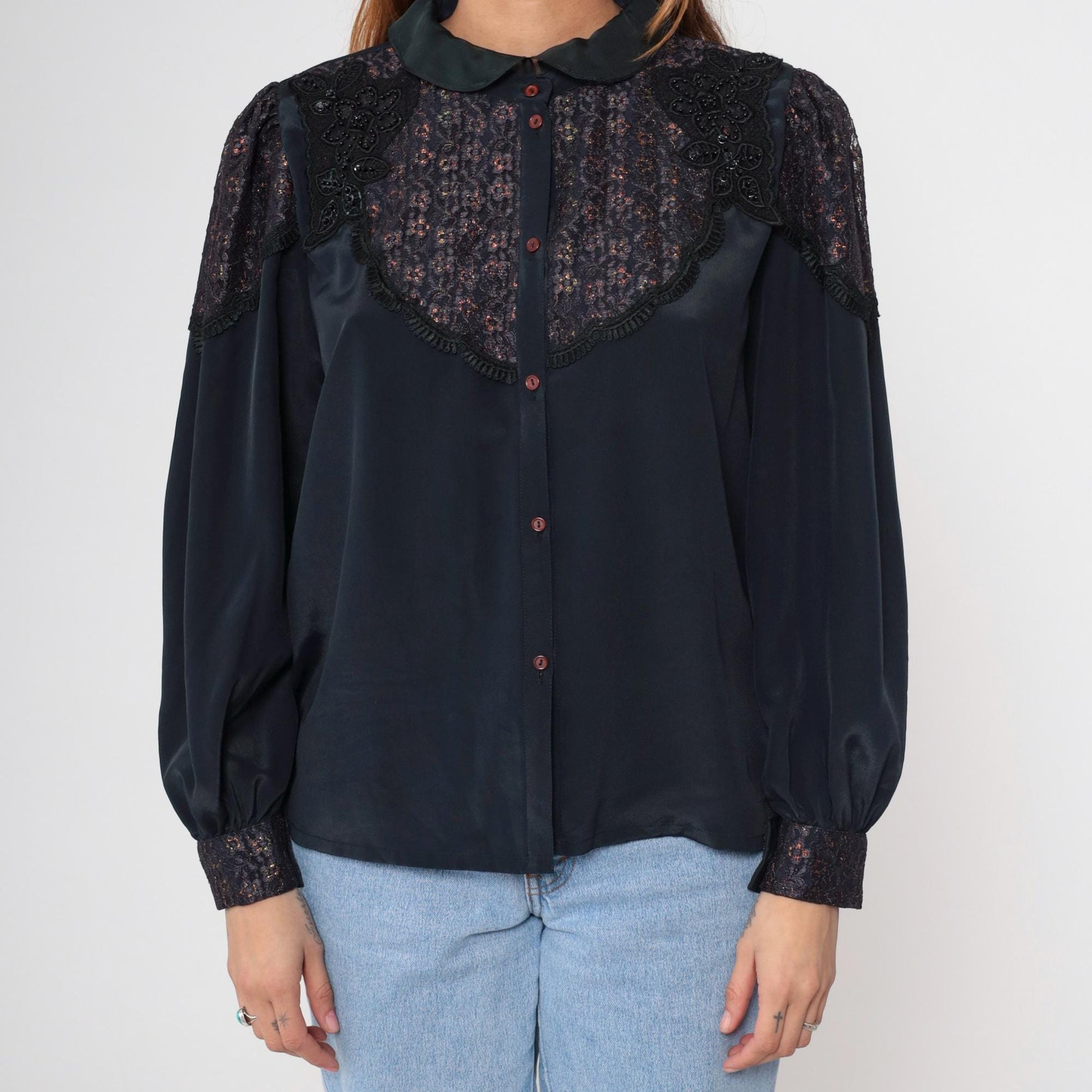 80s Black Satin Blouse Metallic Lace Yoke Beaded Sequin Puff Sleeve Medium