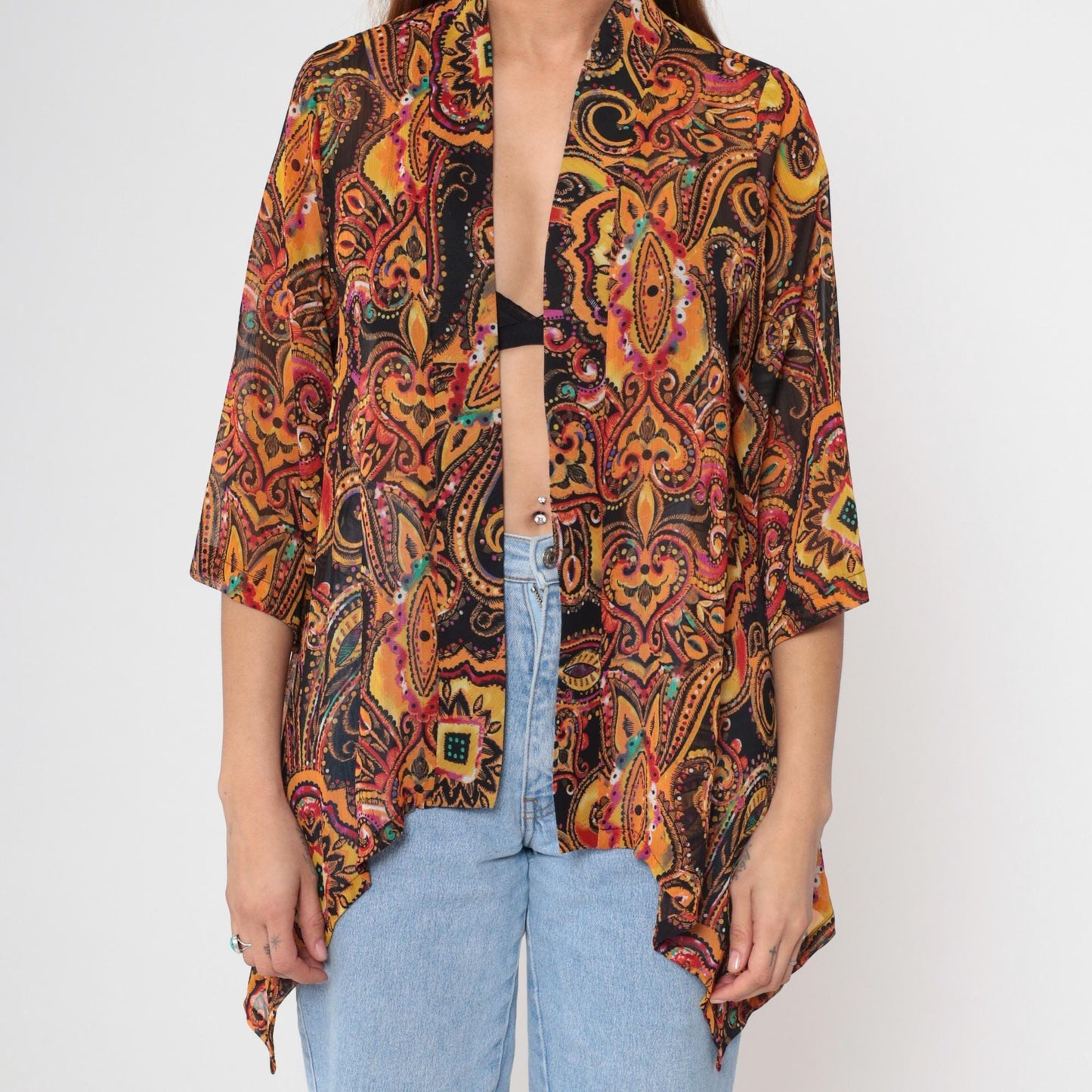 Y2K Sheer Paisley Kimono Jacket Open Front Asymmetrical Orange Gold Pink Extra Small