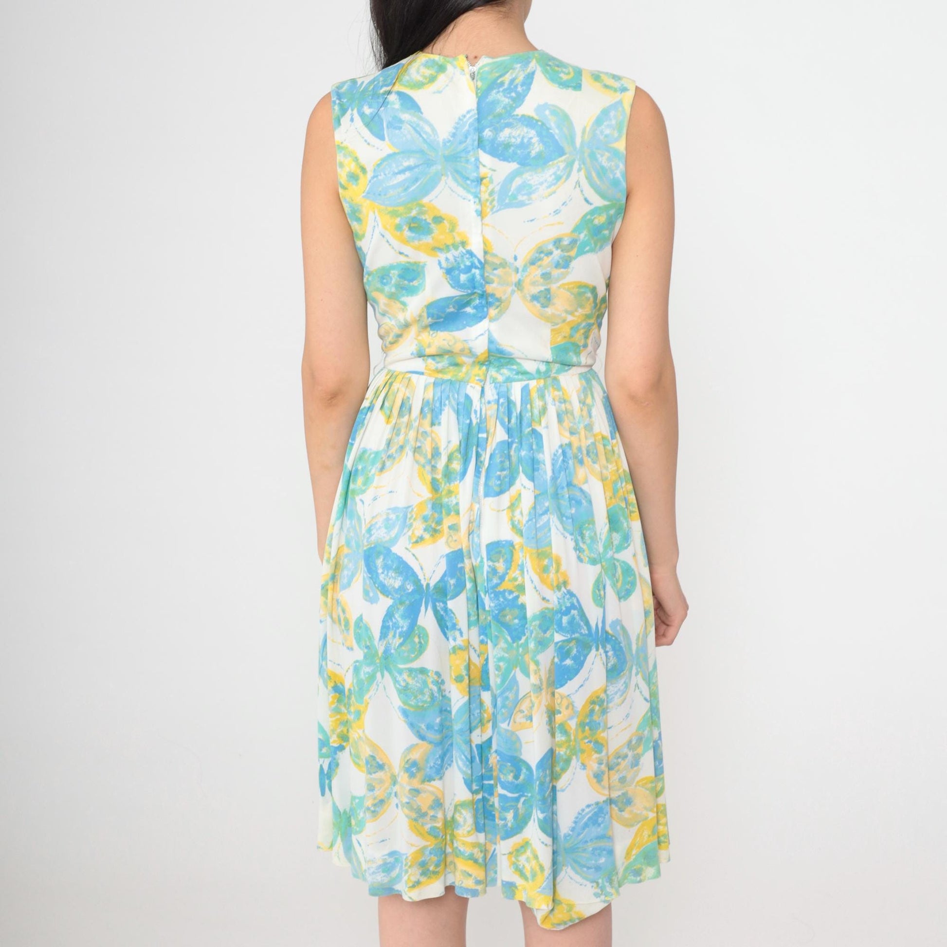 1960s Butterfly Print Mod Mini Dress White High Waist Sleeveless Extra Small