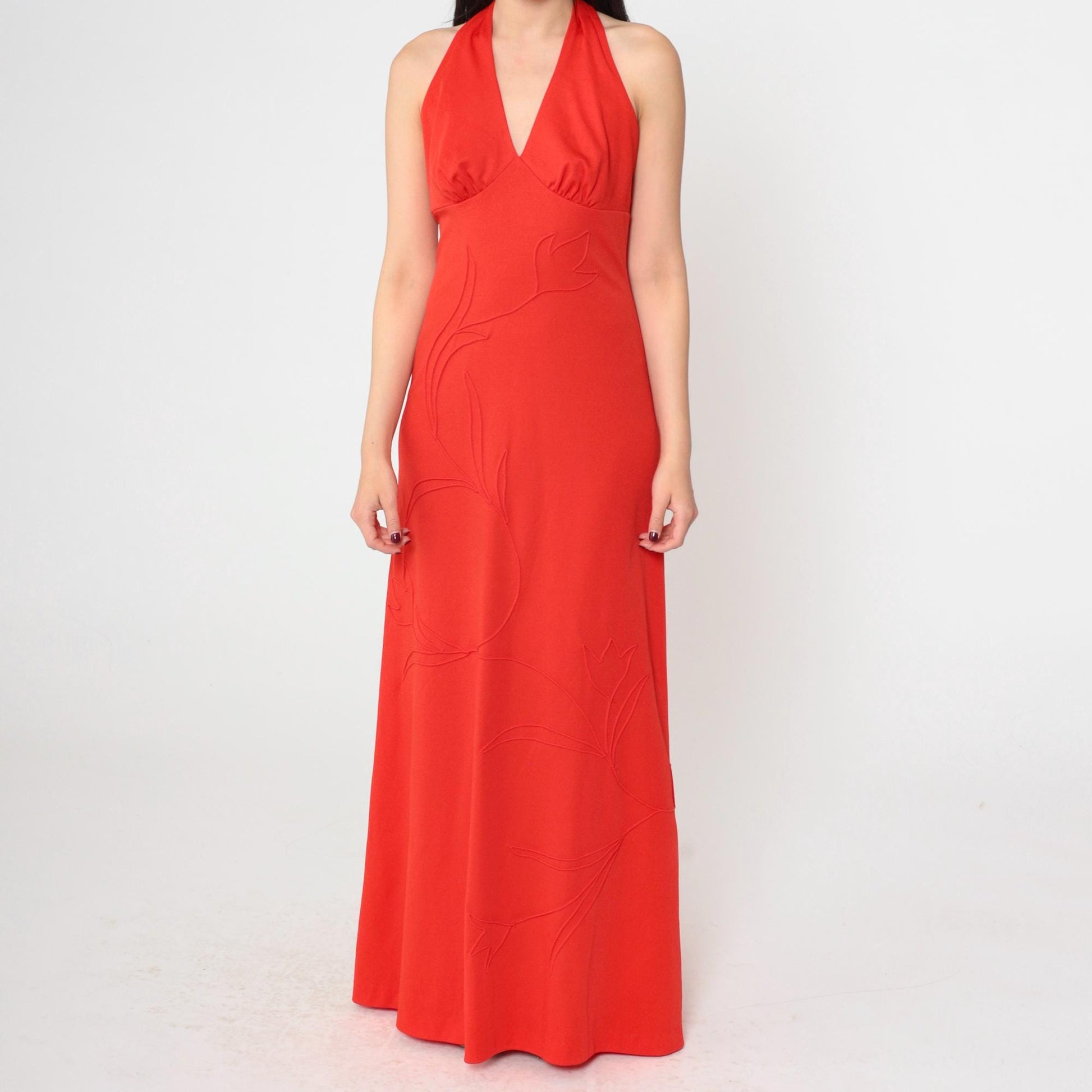70s Red Halter Maxi Dress Deep V Neck Backless Empire Waist Small