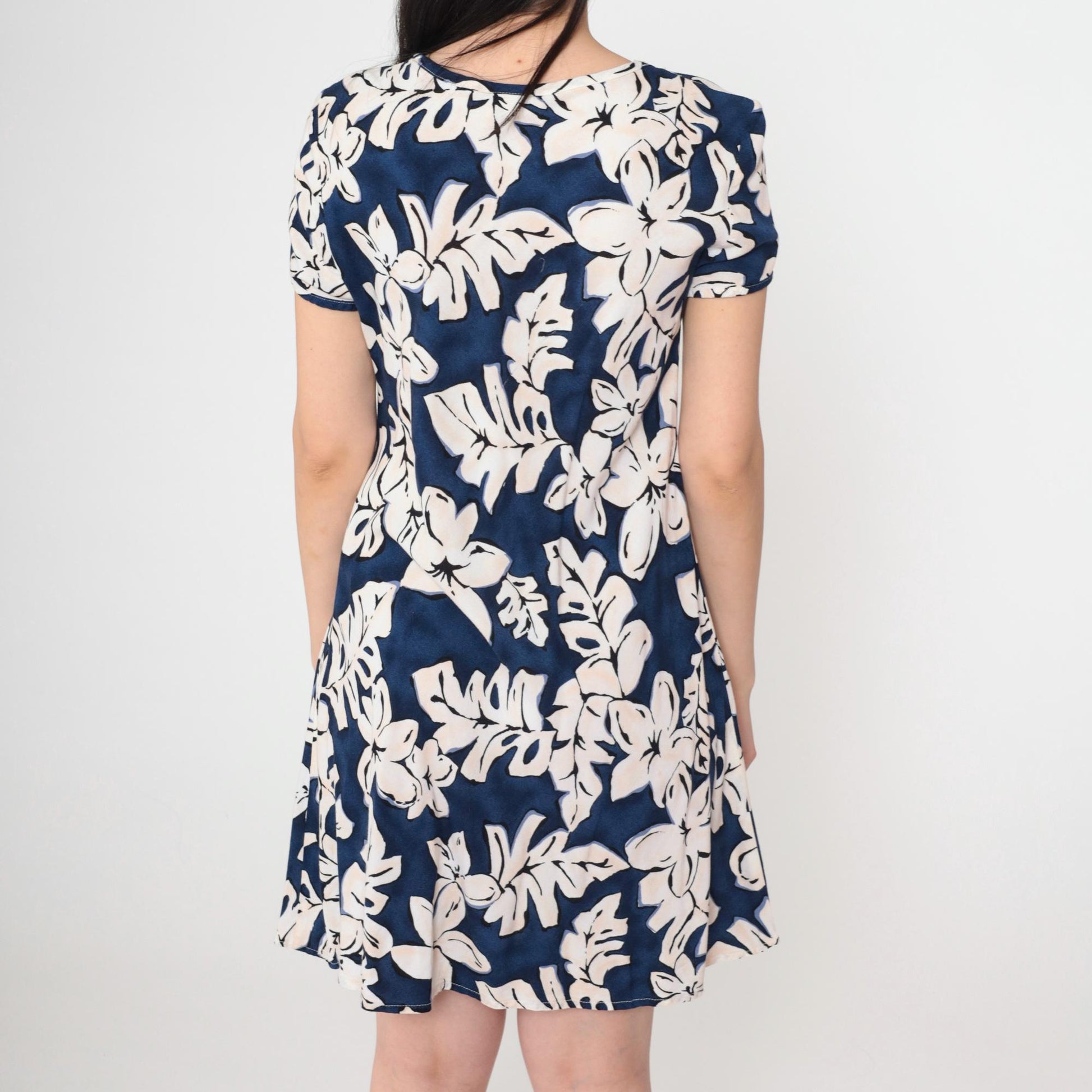 90s K.C. Spencer Tropical Floral Mini Dress Blue Shift Short Sleeve Medium