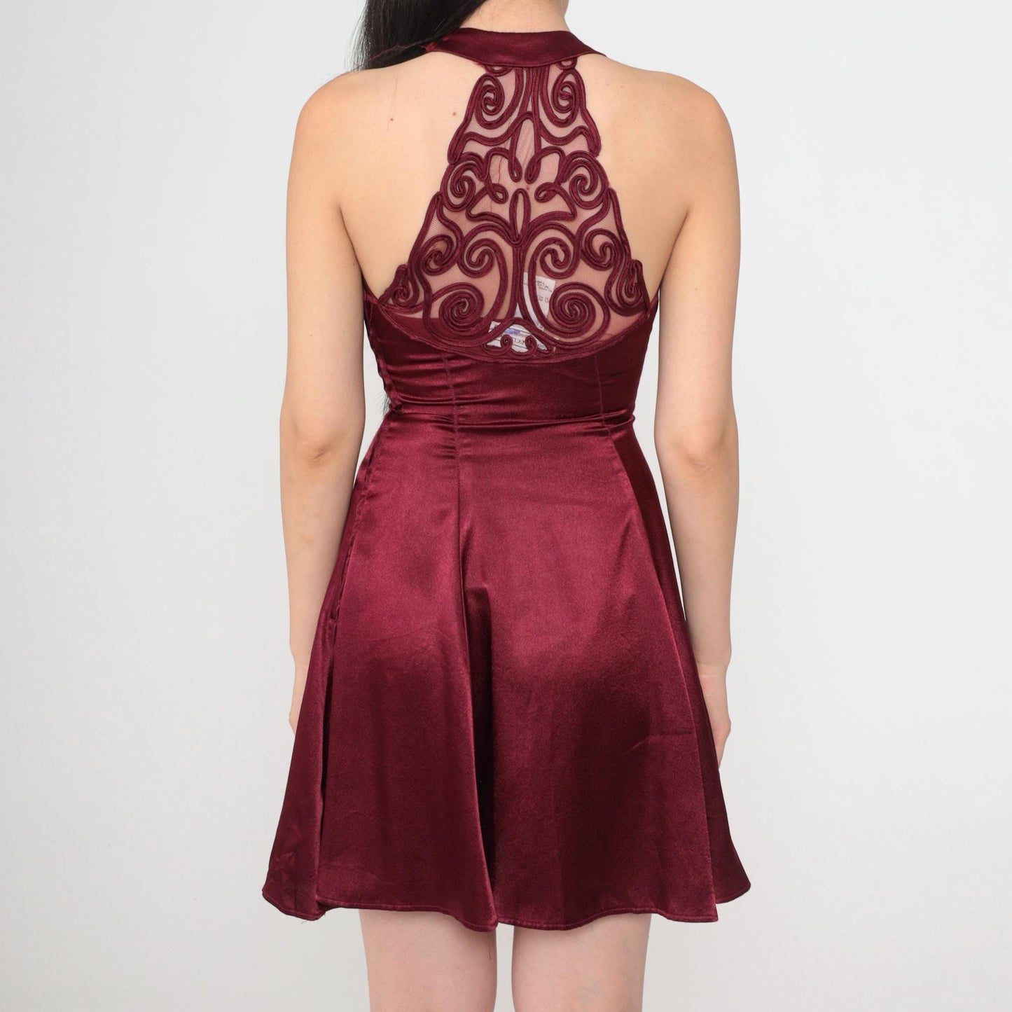 90s Jessica McClintock Gunne Sax Burgundy Satin Mini Halter Dress XS