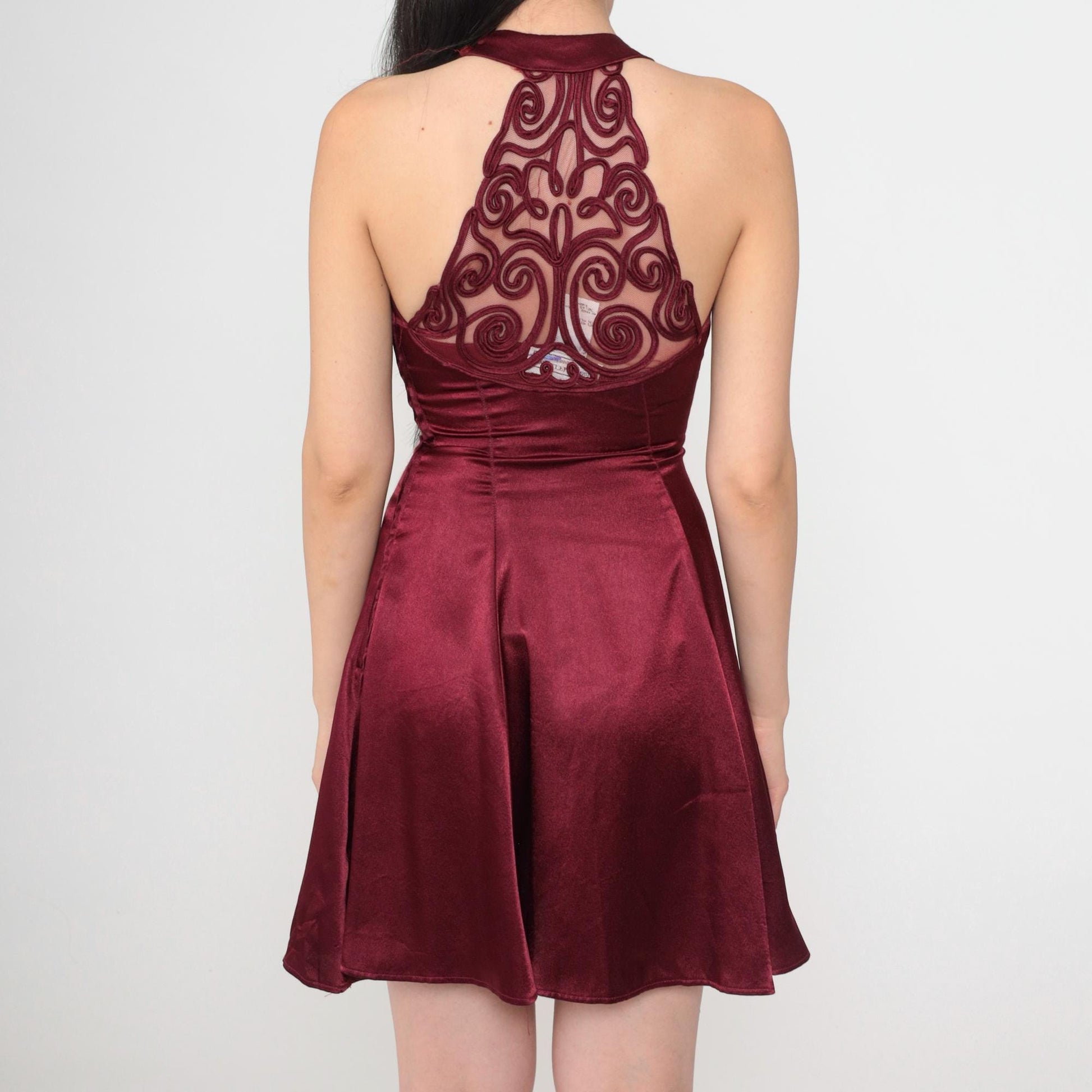 90s Jessica McClintock Gunne Sax Burgundy Satin Mini Halter Dress XS
