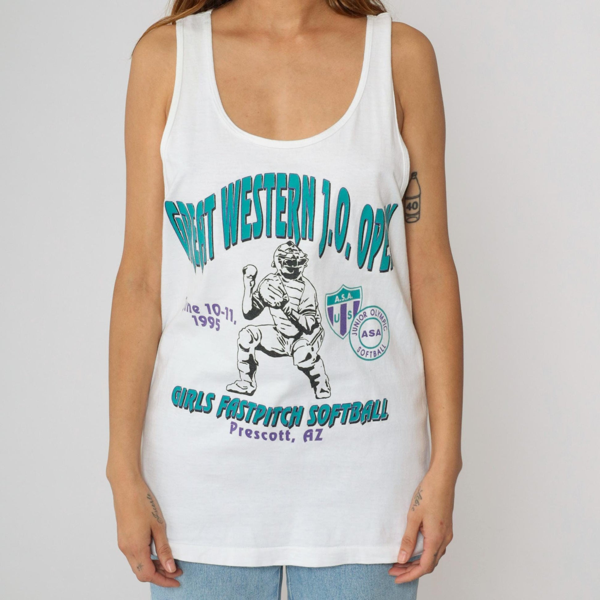 90s Great Western Junior Olympic Softball Tank Top White Cotton Graphic Large