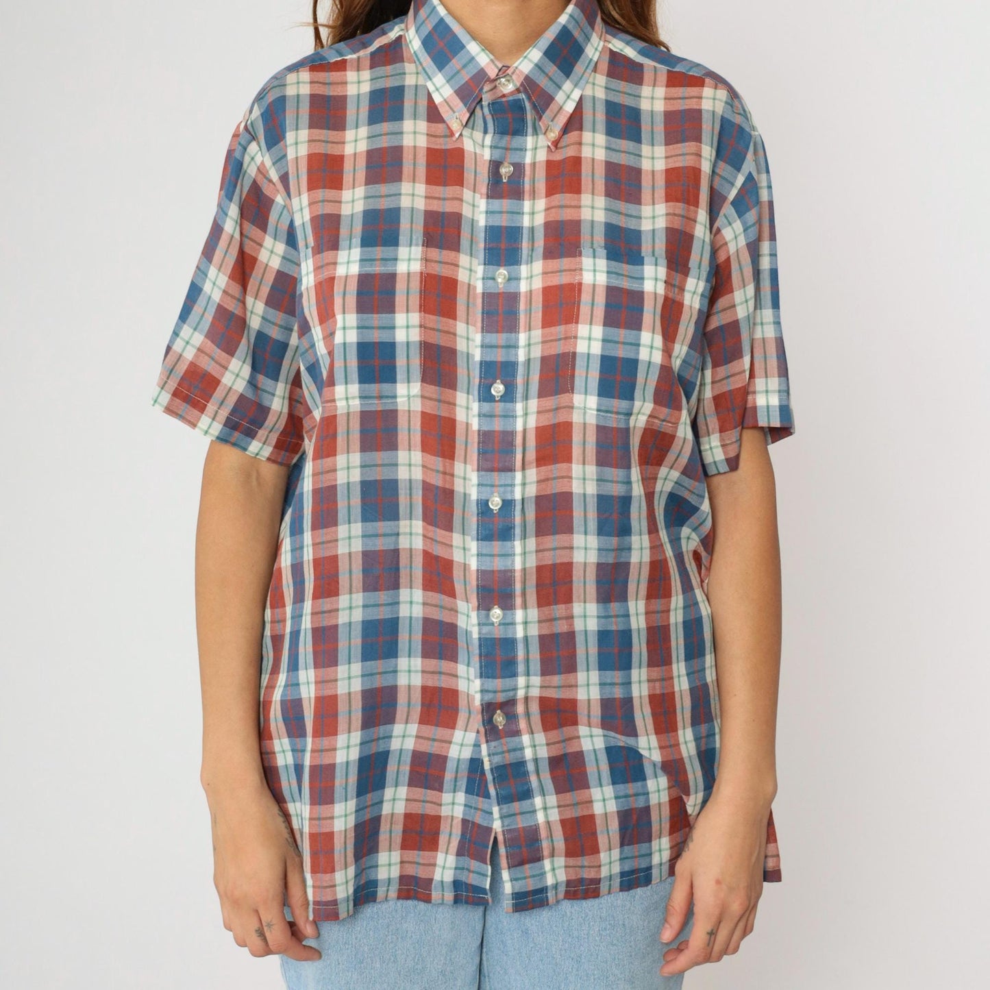 80s Towncraft Plaid Button-Up Shirt Rust White Blue Short Sleeve Large L