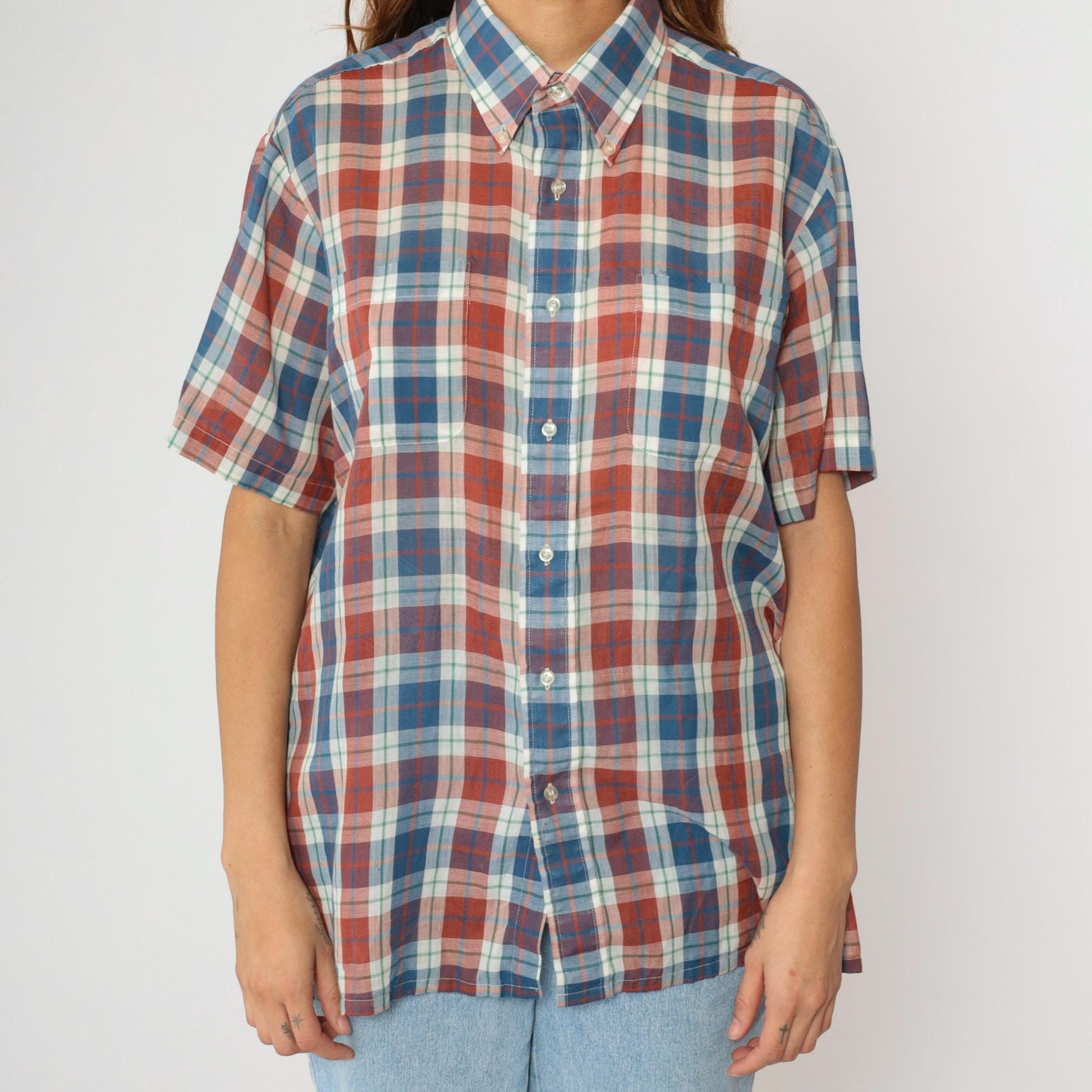 80s Towncraft Plaid Button-Up Shirt Rust White Blue Short Sleeve Large L