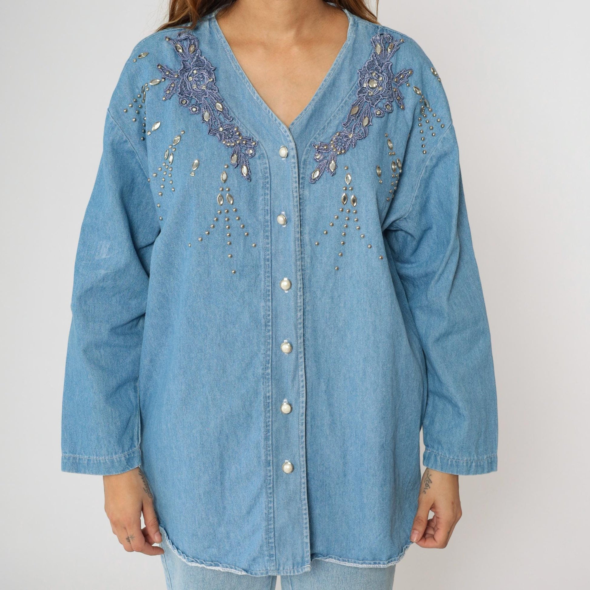 90s Blue Denim Beaded Button-Up Shirt Lace Applique Western V-Neck Extra Large