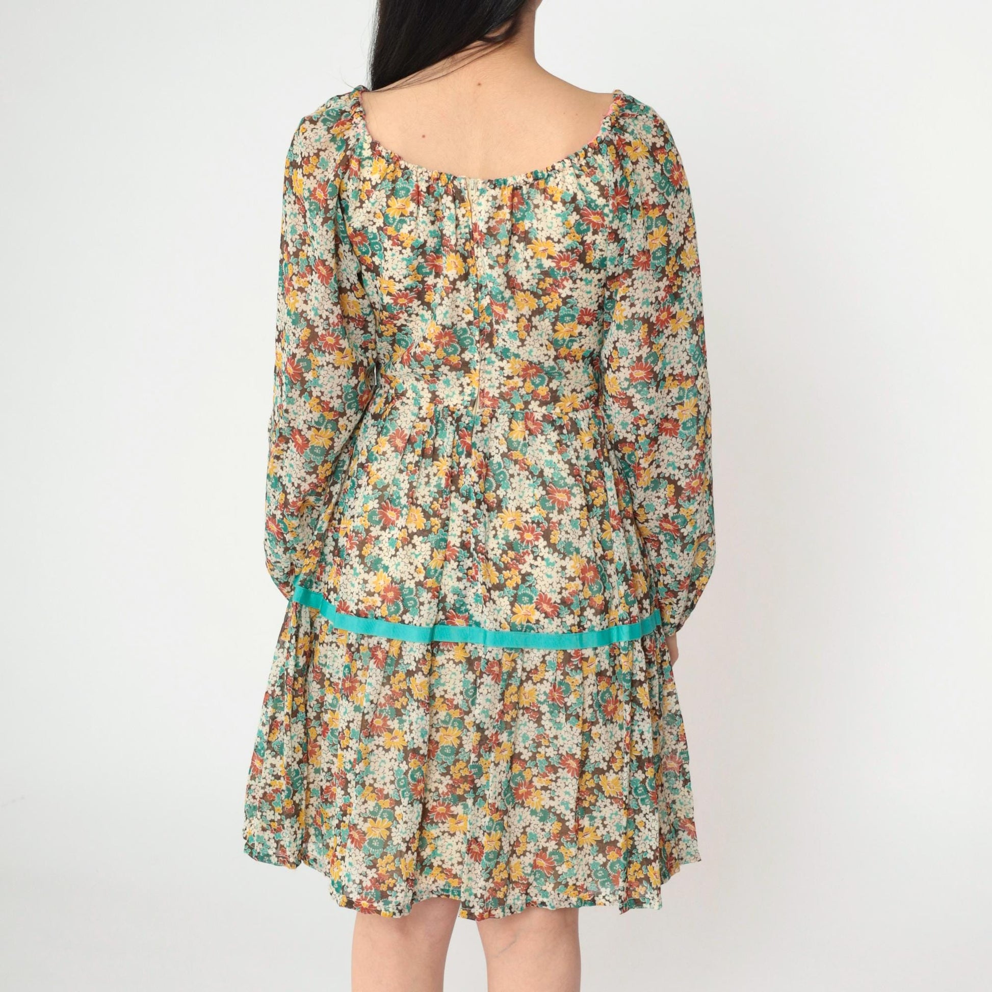 70s Floral Peasant Dress Off-Shoulder Tiered Mini Long Sleeve Small