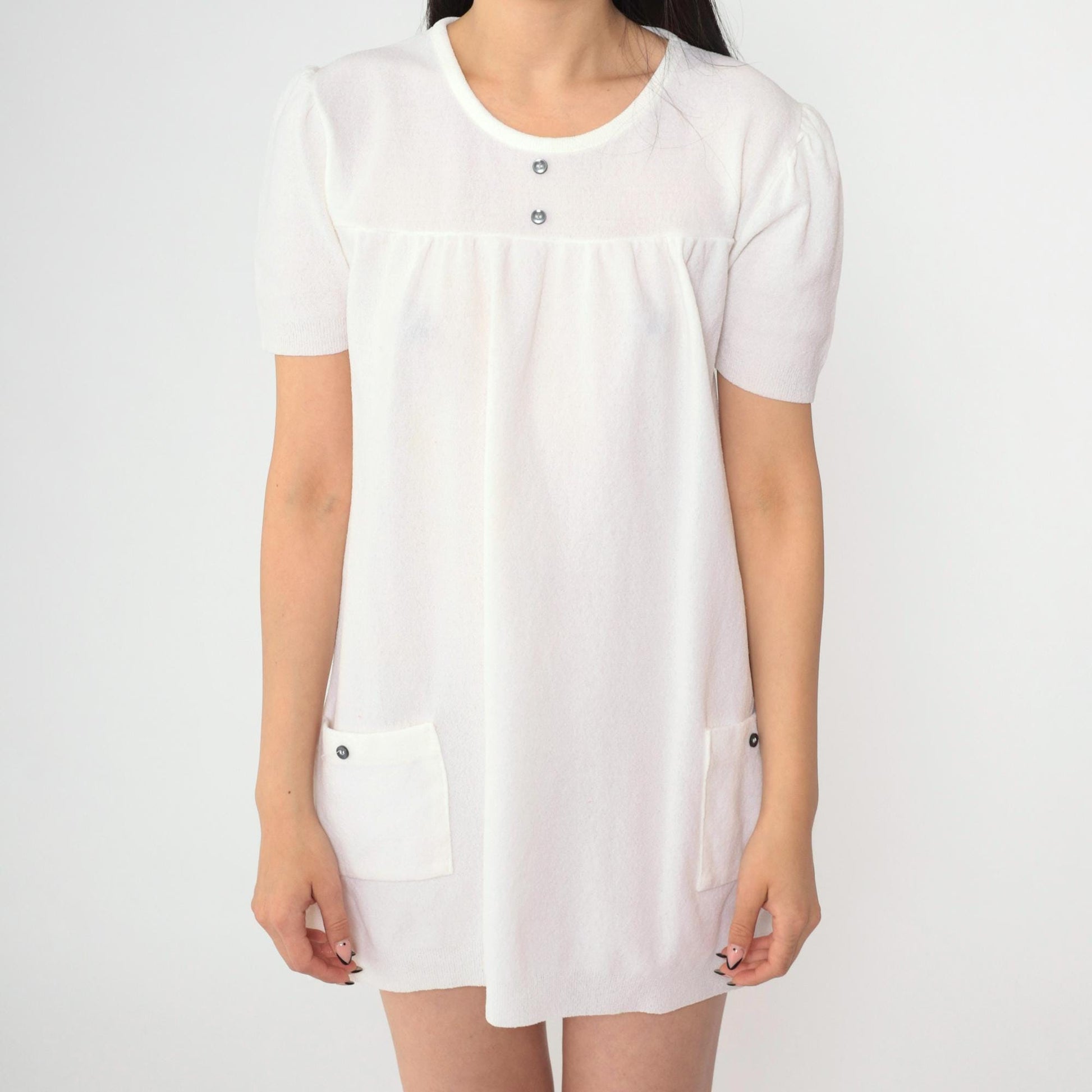60s White Mod Puff Sleeve Mini Dress Shift A-Line Patch Pocket Small