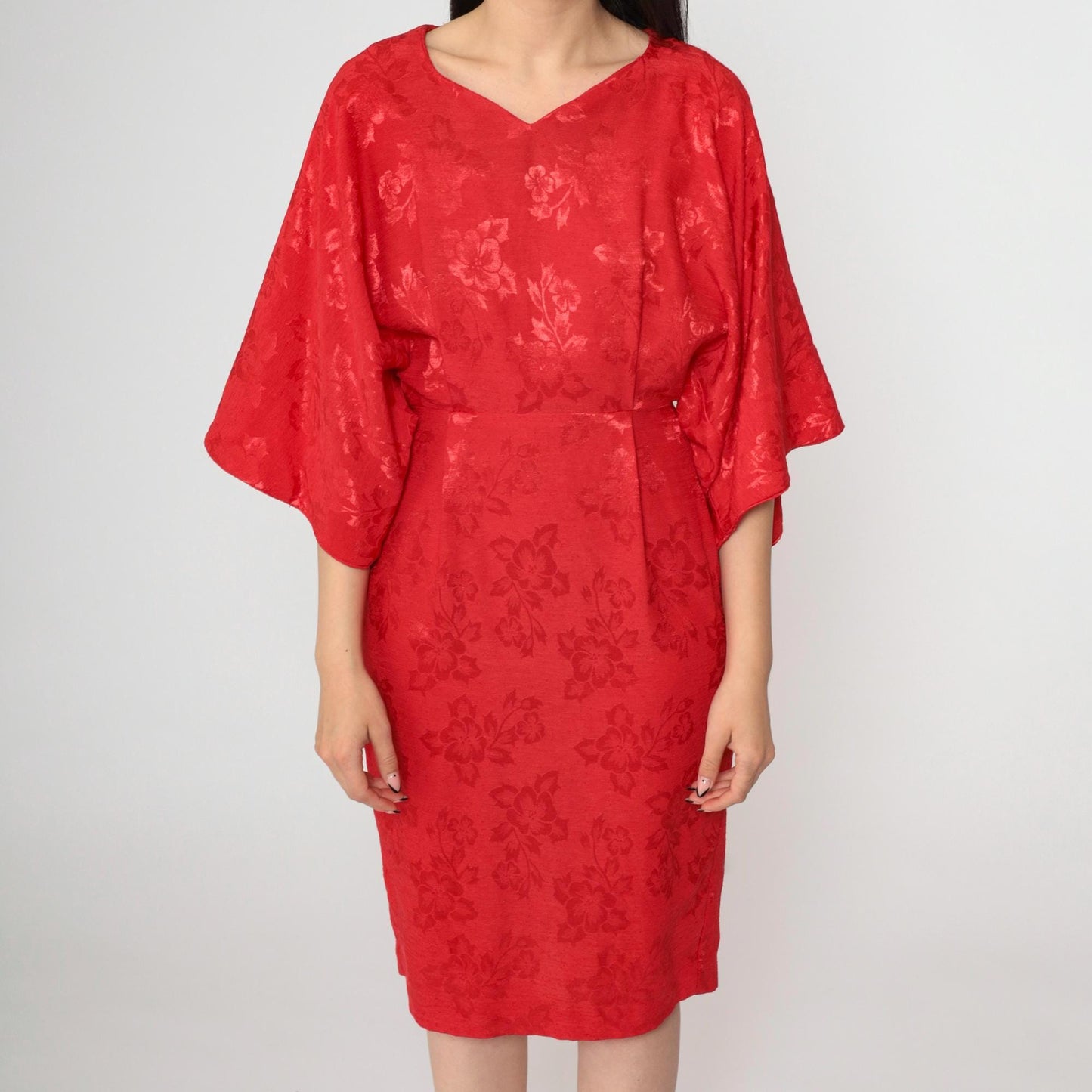 80s Red Jacquard Dress Kimono Sleeve V-Neck Sheath Knee-Length Extra Small