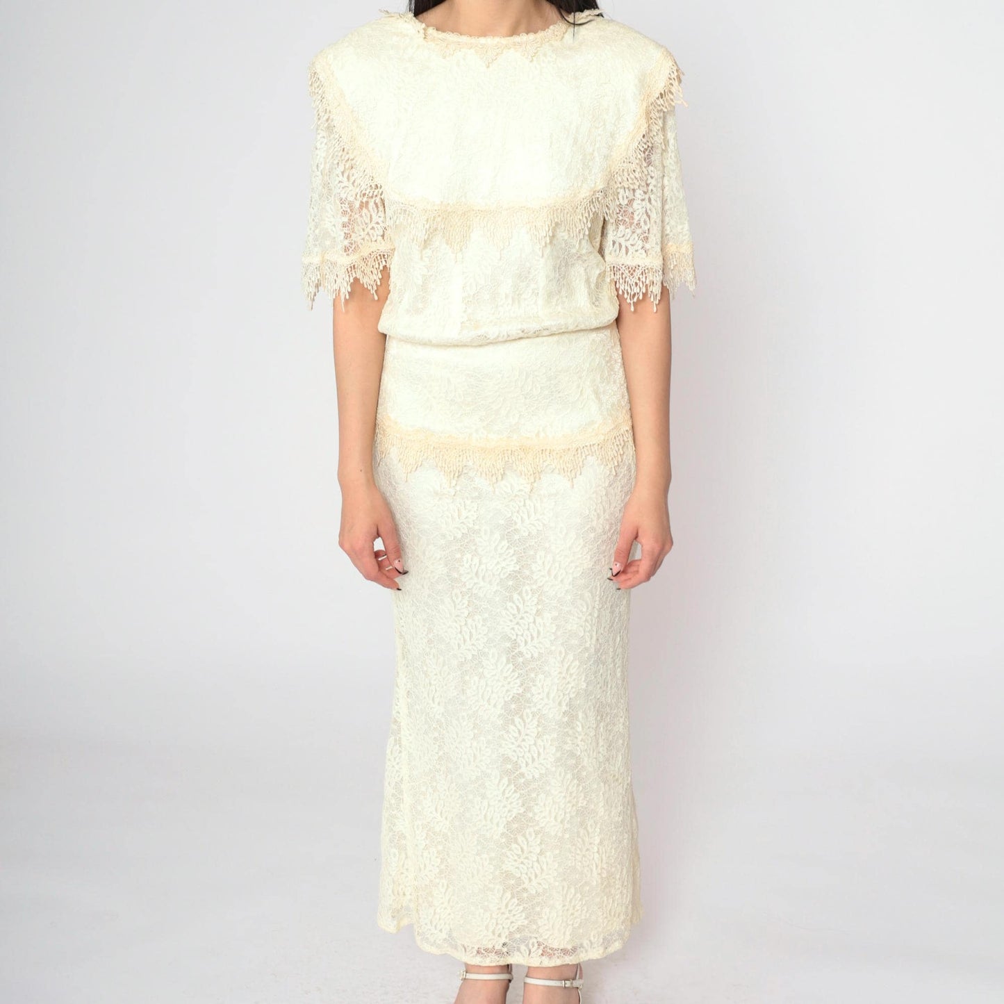 80s Jessica McClintock Ivory Lace Maxi Gown Bow Back Short Sleeve Small